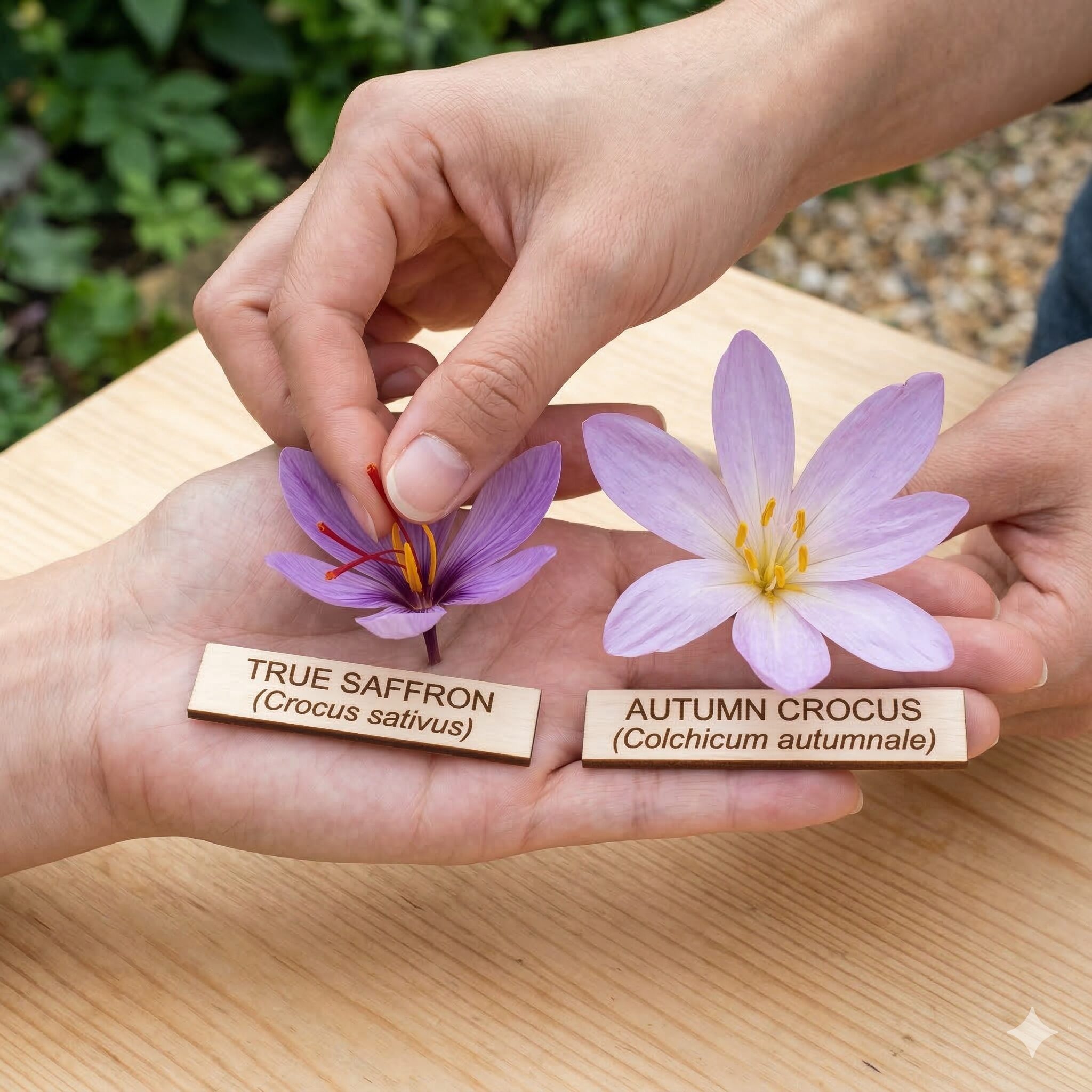 クロッカスとサフランの違い9　サフラン（雄しべ3本）とイヌサフラン（雄しべ6本）を並べて本数の違いを明示した識別用画像。