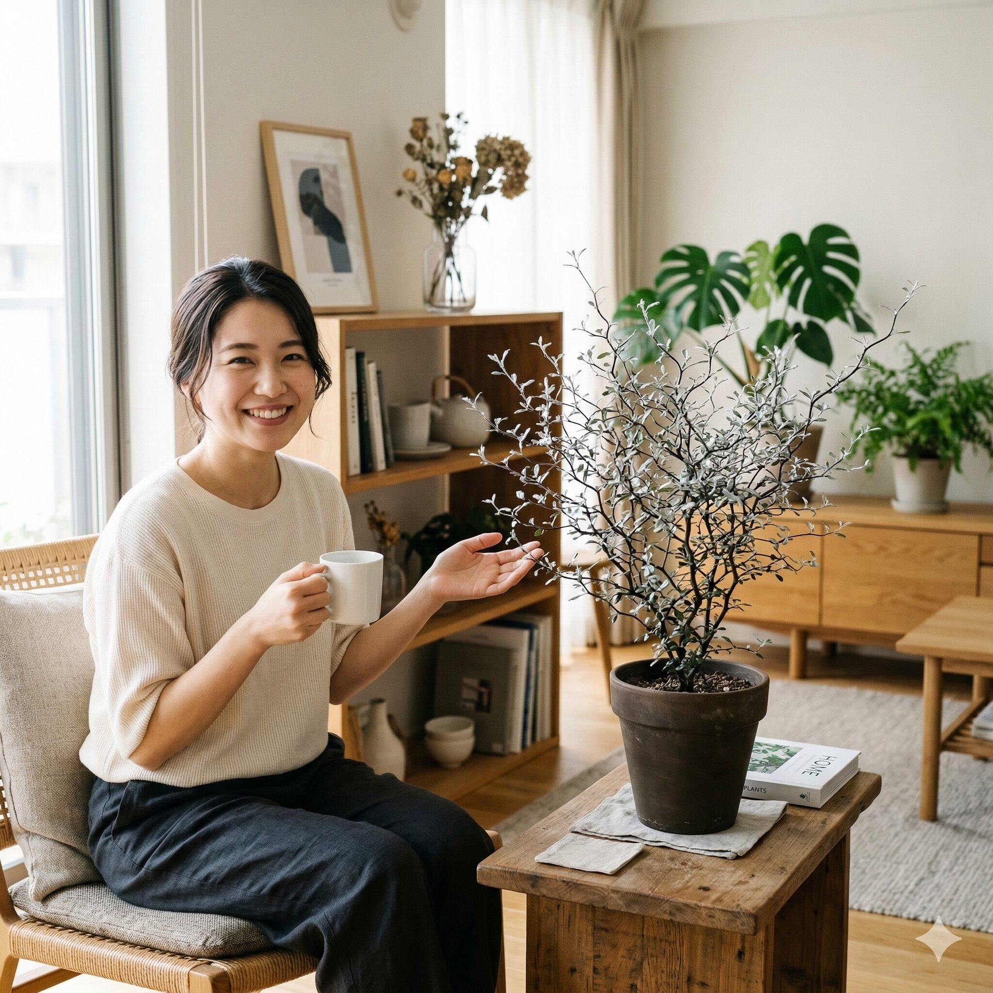コロキア コトネ アスター 育て方1　室内でおしゃれに飾られたコロキア・コトネアスター。ジグザグの枝と銀色の葉が特徴的な鉢植え。