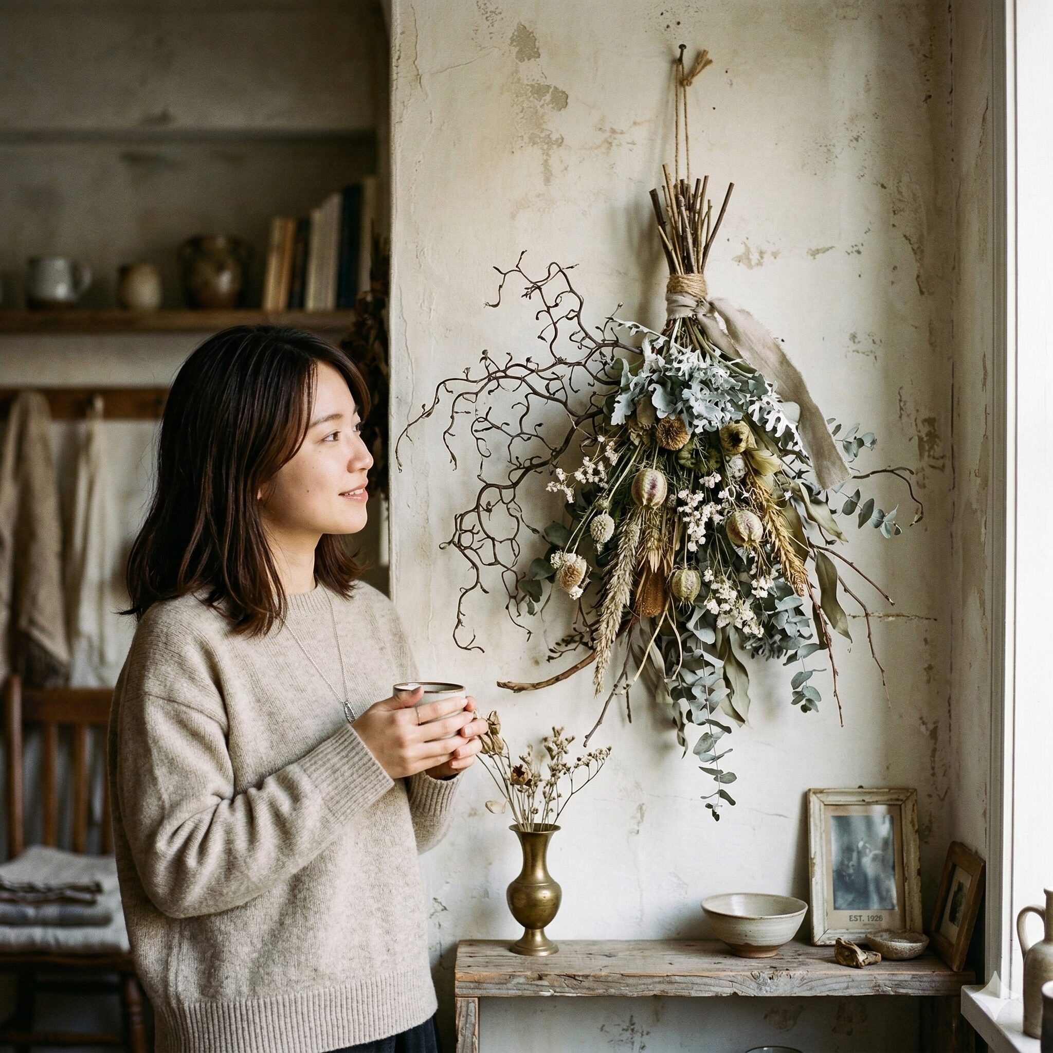 コロキア コトネ アスター 育て方10　部屋のインテリアとして飾られたコロキアのドライフラワースワッグ。