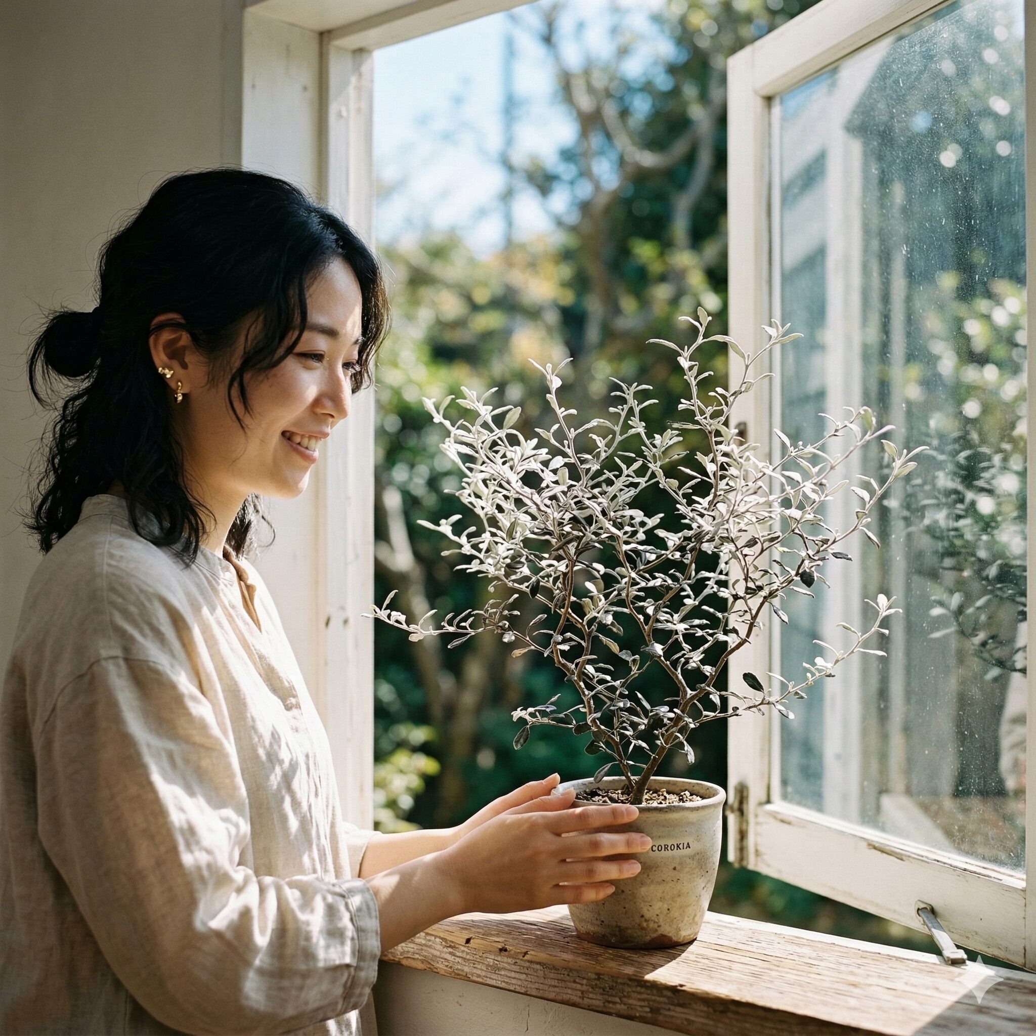 コロキア コトネ アスター 育て方2　窓際の明るい場所で日光浴をするコロキア。室内での日当たり管理のイメージ。