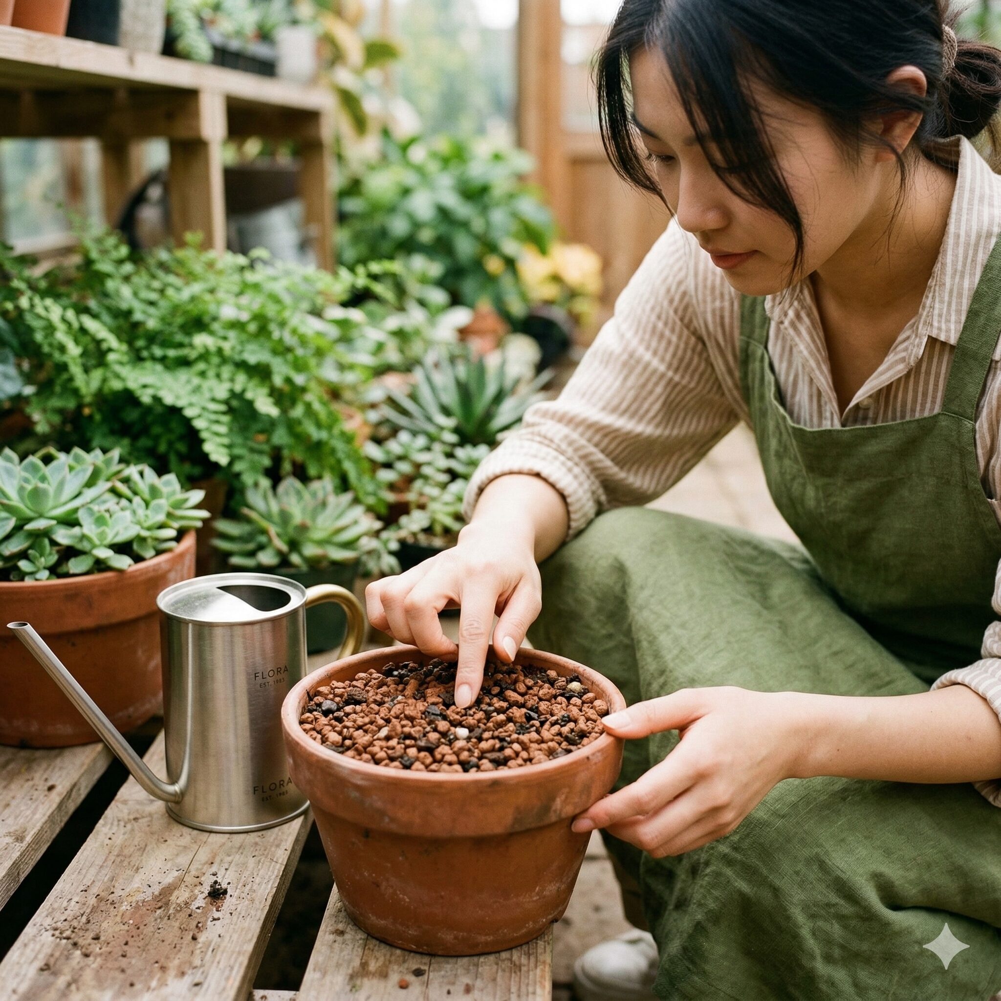 コロキア コトネ アスター 育て方3　土の乾き具合を確認する手元。コロキアの水やりタイミングの見極め。