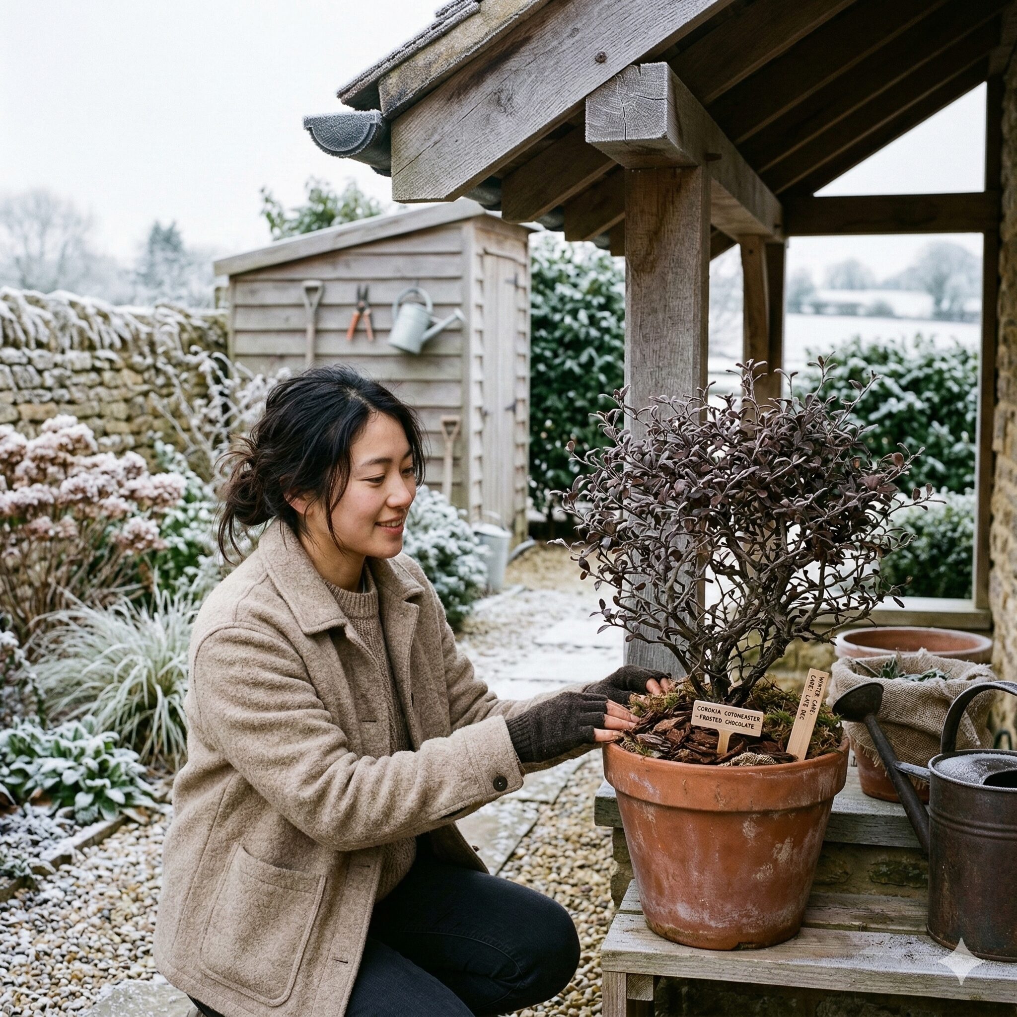 コロキア コトネ アスター 育て方4　冬の寒さで美しいブロンズ色に紅葉した屋外管理のコロキア・コトネアスター。
