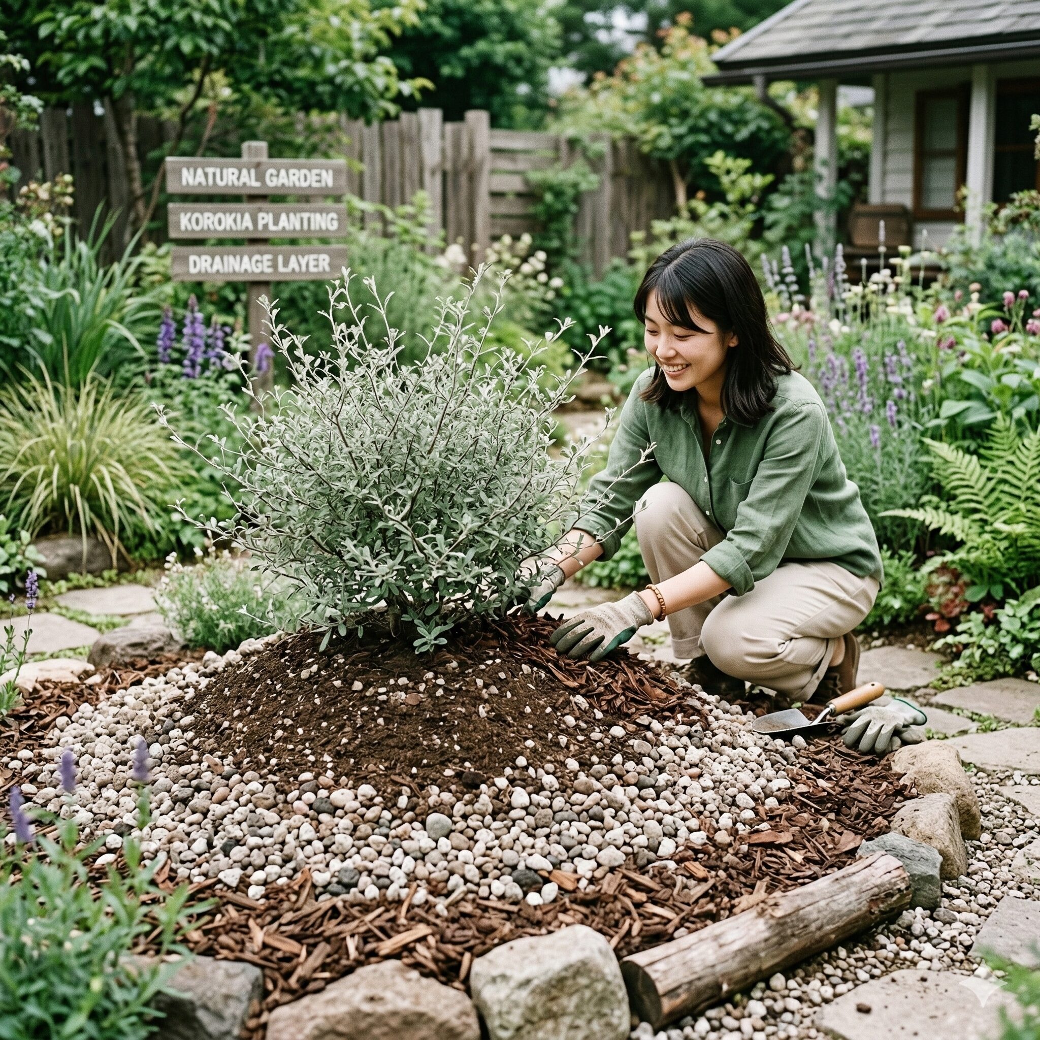 コロキア コトネ アスター 育て方5　お庭に高植えされたコロキア。排水性を高めた地植えの成功例。