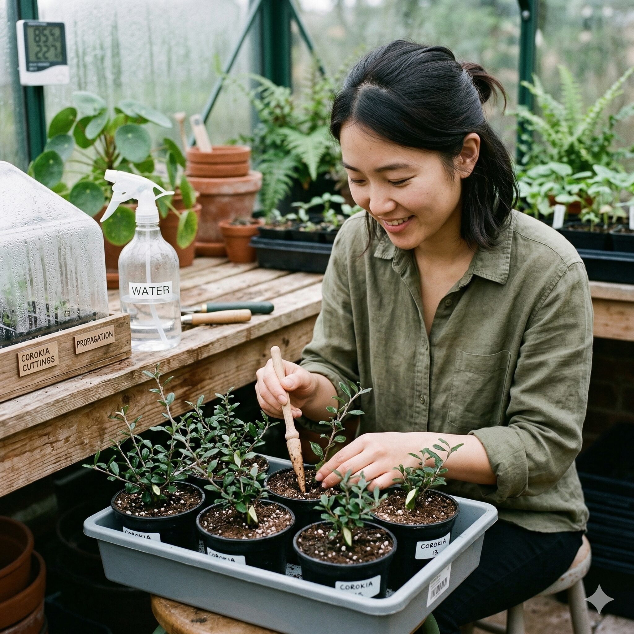 コロキア コトネ アスター 育て方8　コロキアの挿し木。新しい芽を増やすための挿し穂の管理。
