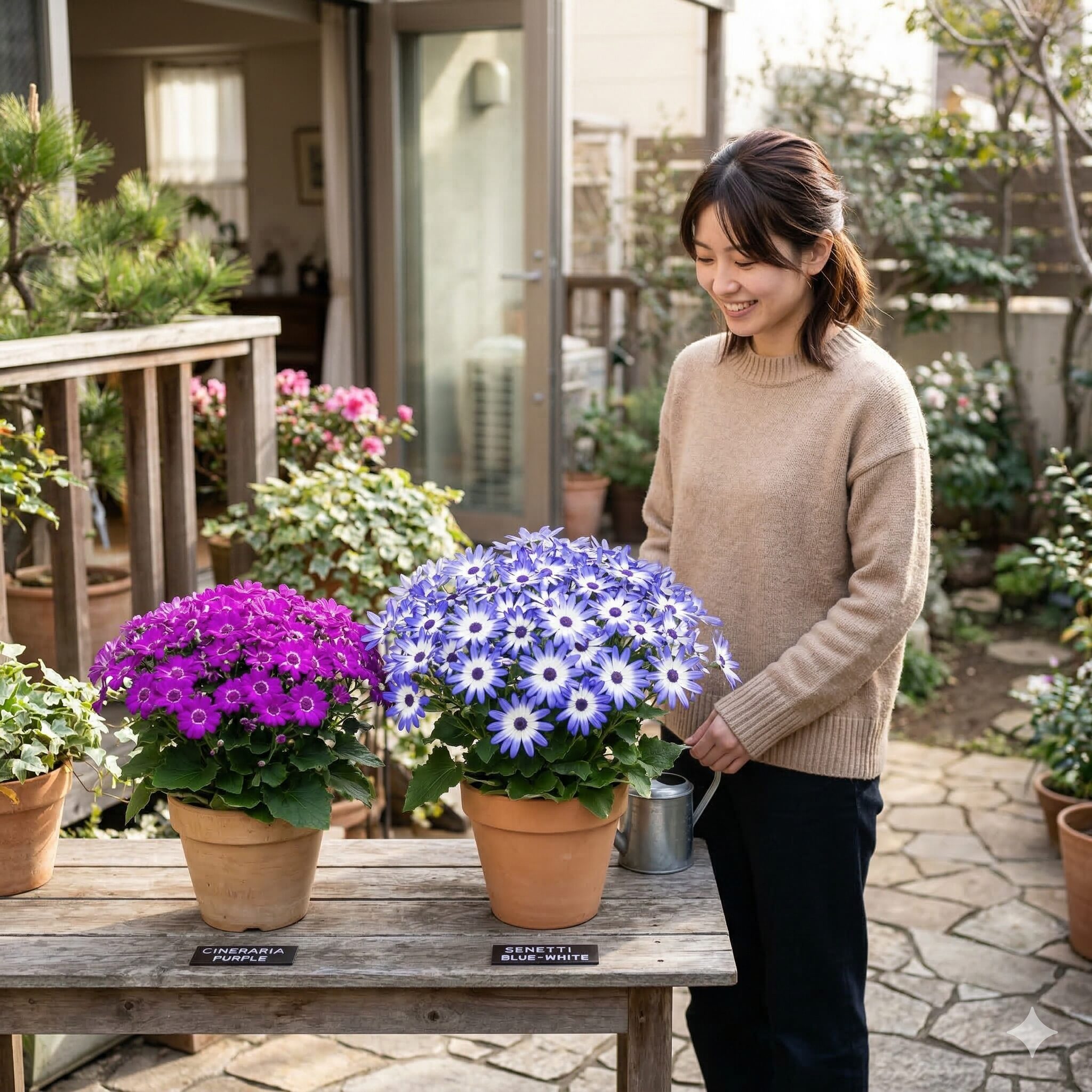 サイネリア セネッティ 違い1　サイネリアとセネッティの鉢植えを並べてサイズや花姿を比較した様子