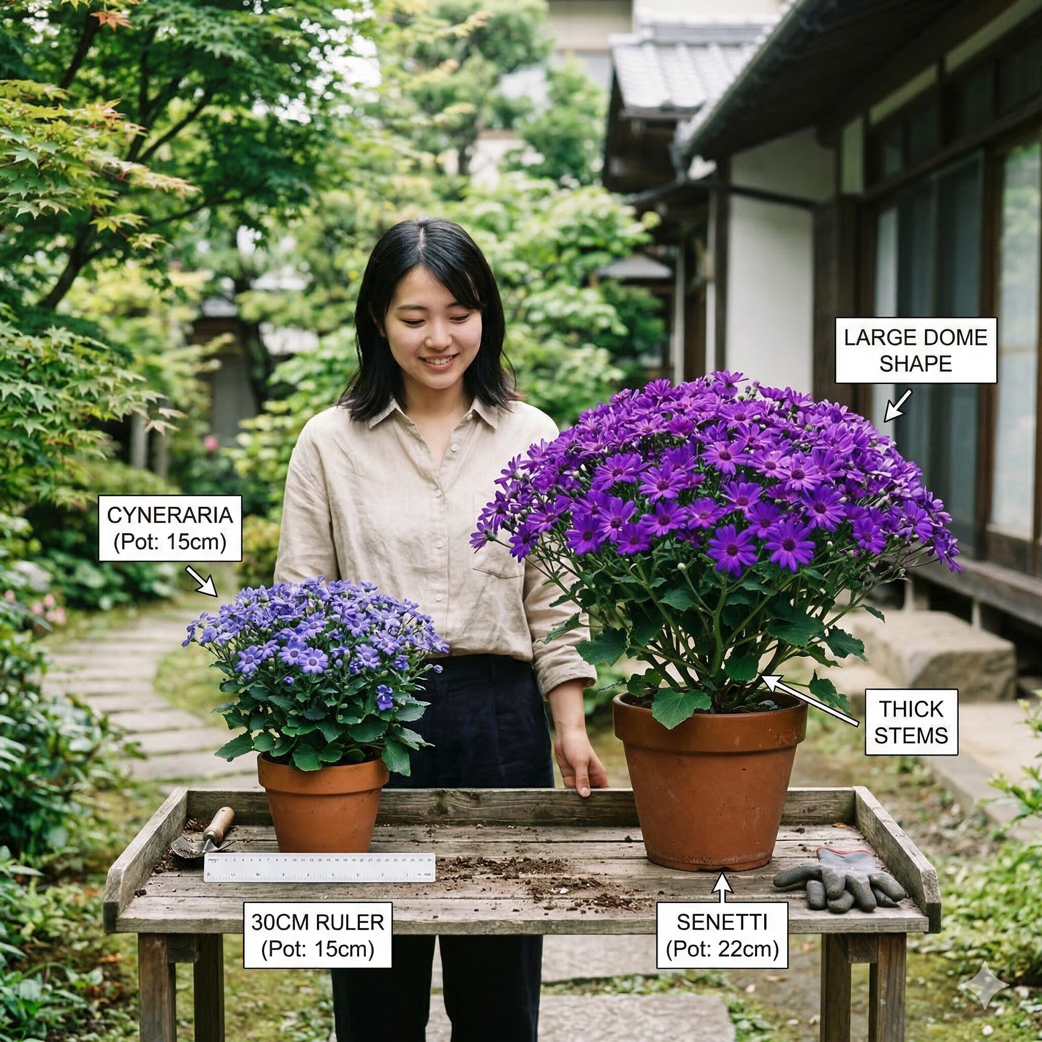 サイネリア セネッティ 違い3　サイネリアとセネッティの草丈と株のボリュームを定規で比較した写真