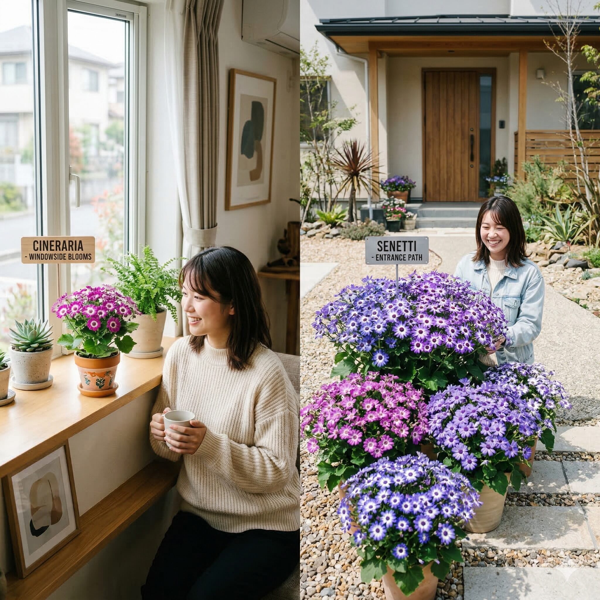 サイネリア セネッティ 違い4　室内を飾るサイネリアと屋外の庭を華やかに彩るセネッティの活用事例