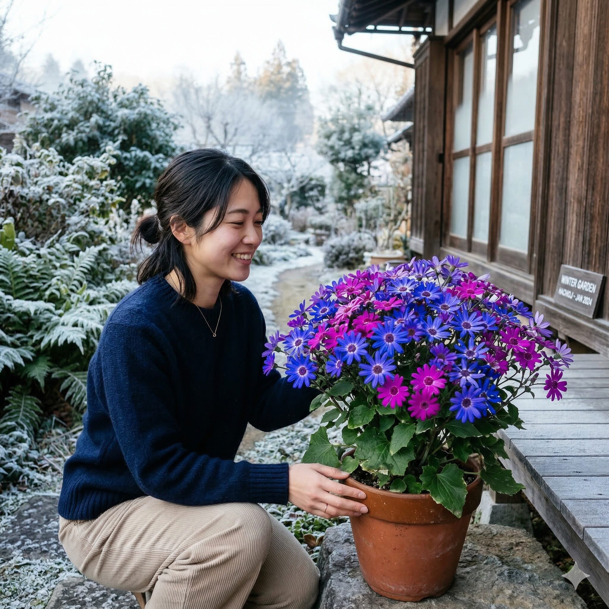 サイネリア セネッティ 違い5　冬の寒い屋外でも軒下で霜を避けて元気に咲くセネッティの耐寒性