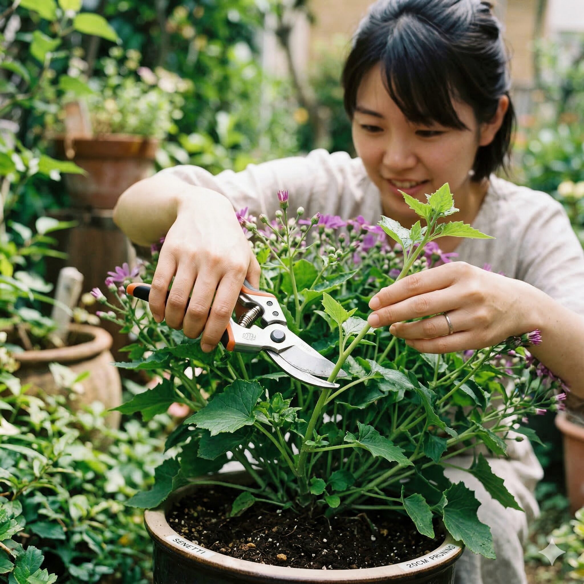 サイネリア セネッティ 違い6　セネッティを二度咲きさせるために正しい位置で行う切り戻し作業の様子