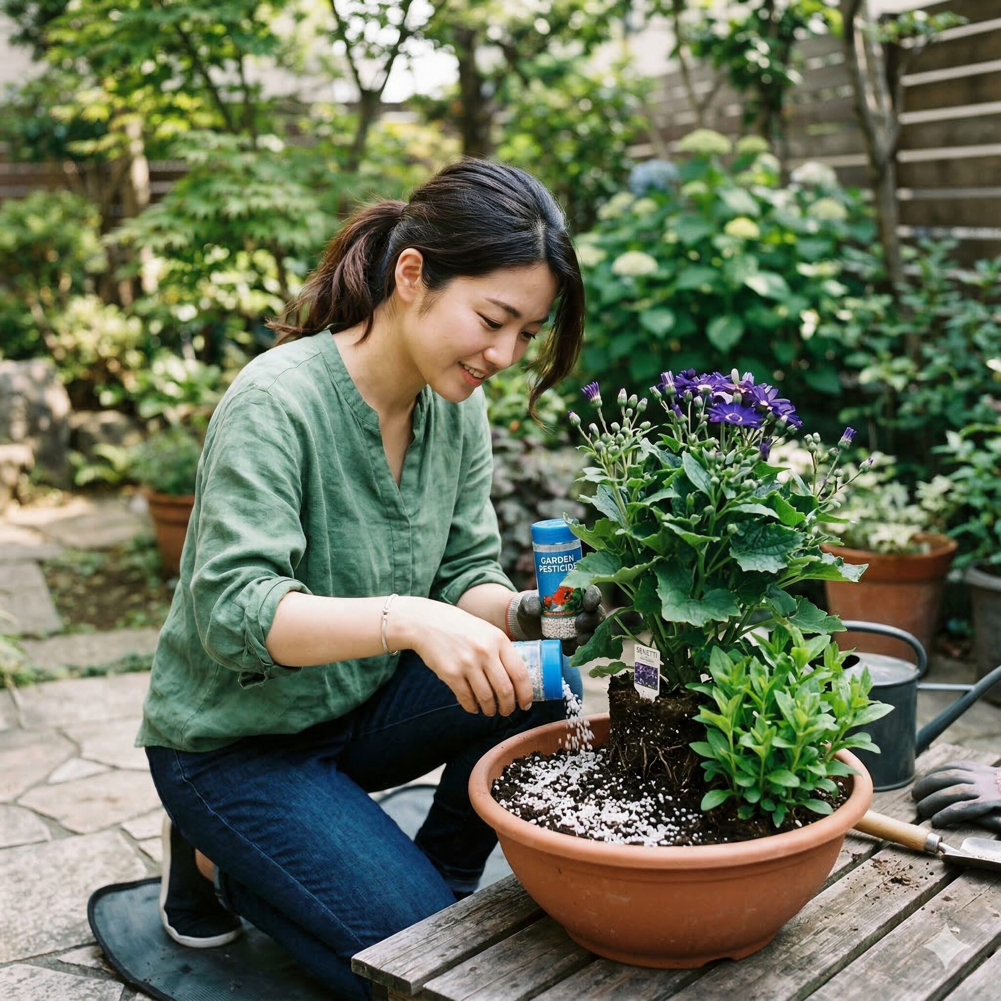 サイネリア セネッティ 違い8　アブラムシの発生を予防するために株元の土に粒剤を散布する防除作業