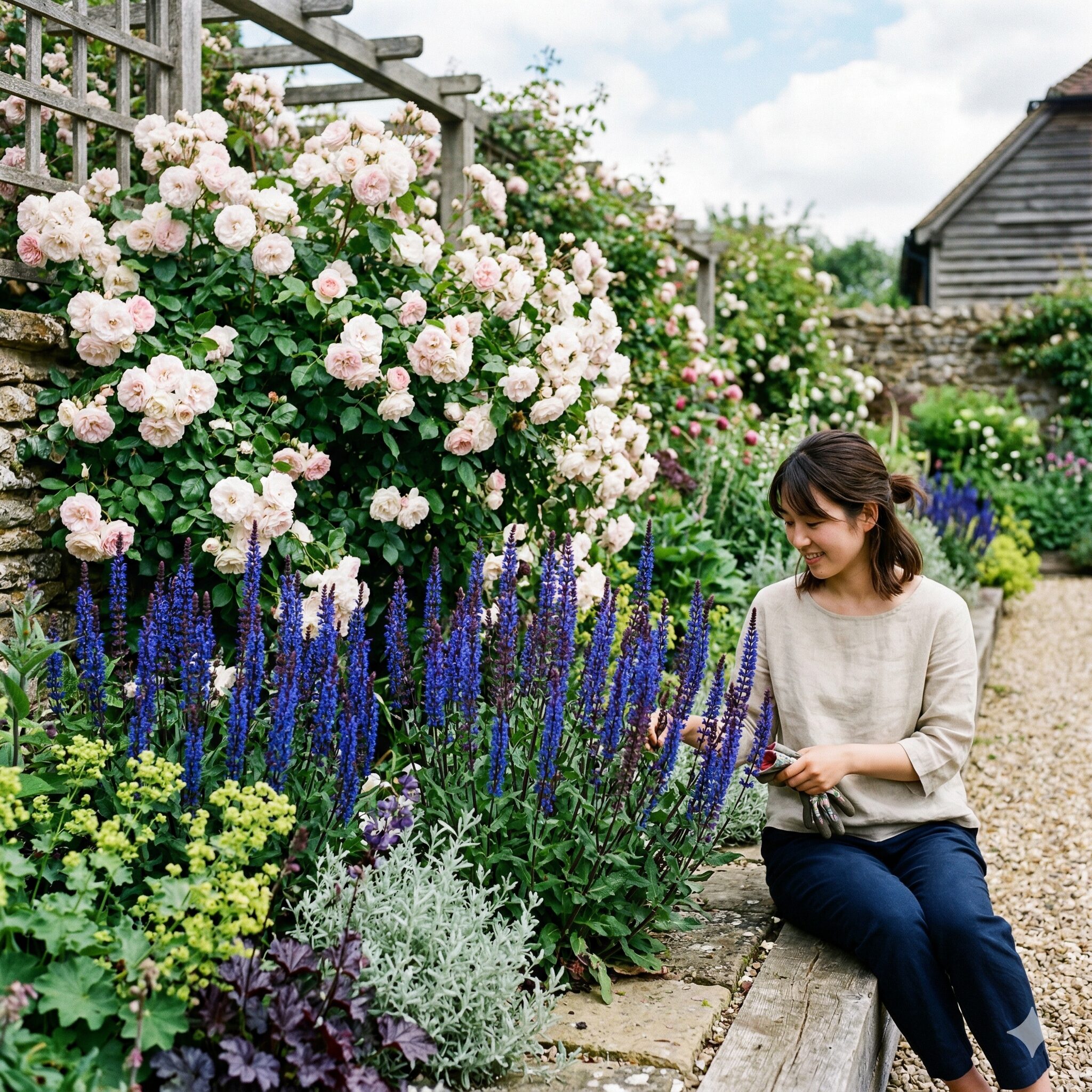サルビア カラドンナ 育て方10 ピンク色のバラと青いサルビア・カラドンナが美しく調和するお庭の植栽デザイン