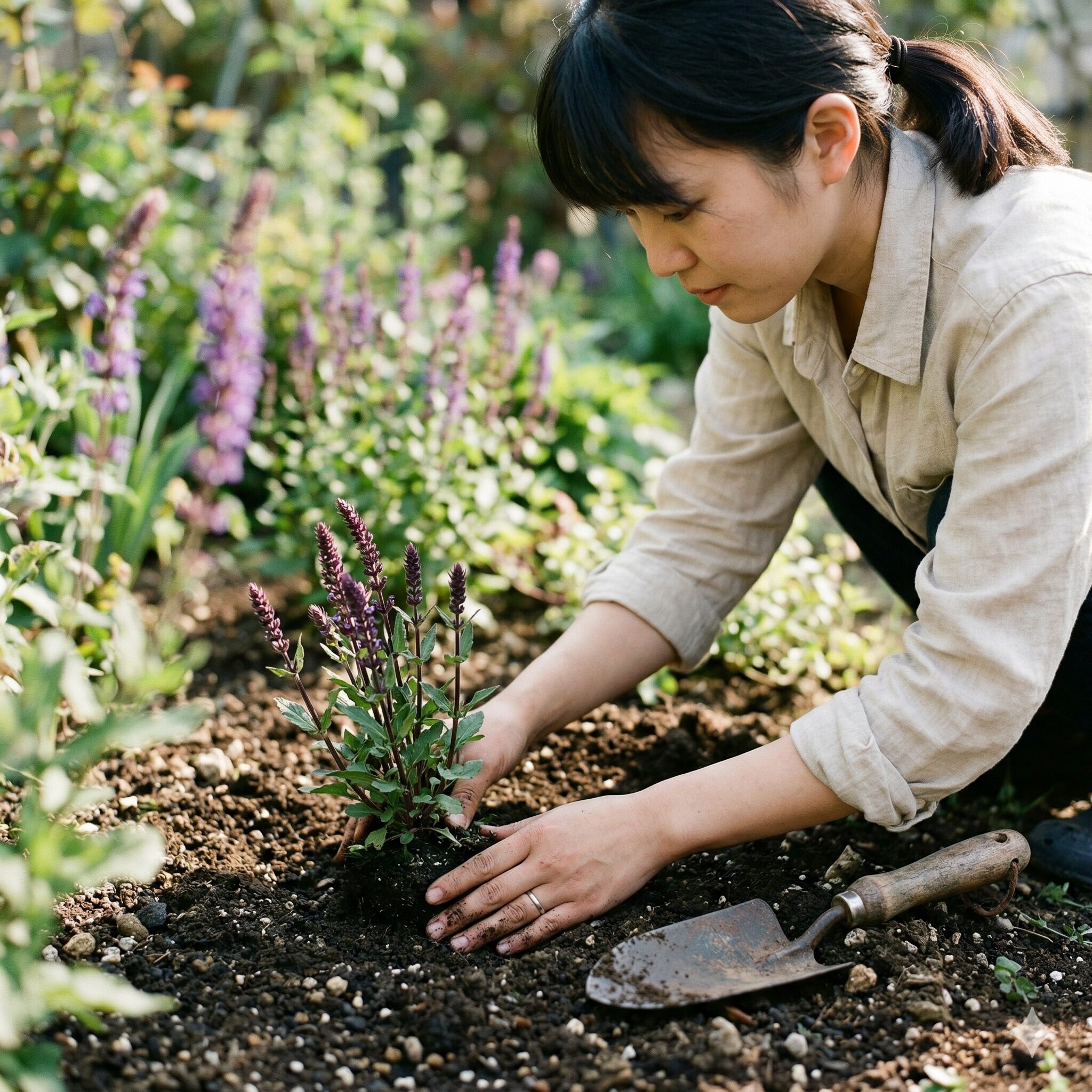 サルビア カラドンナ 育て方2 春の庭にサルビア・カラドンナの苗を丁寧に植え付けるガーデニングの様子