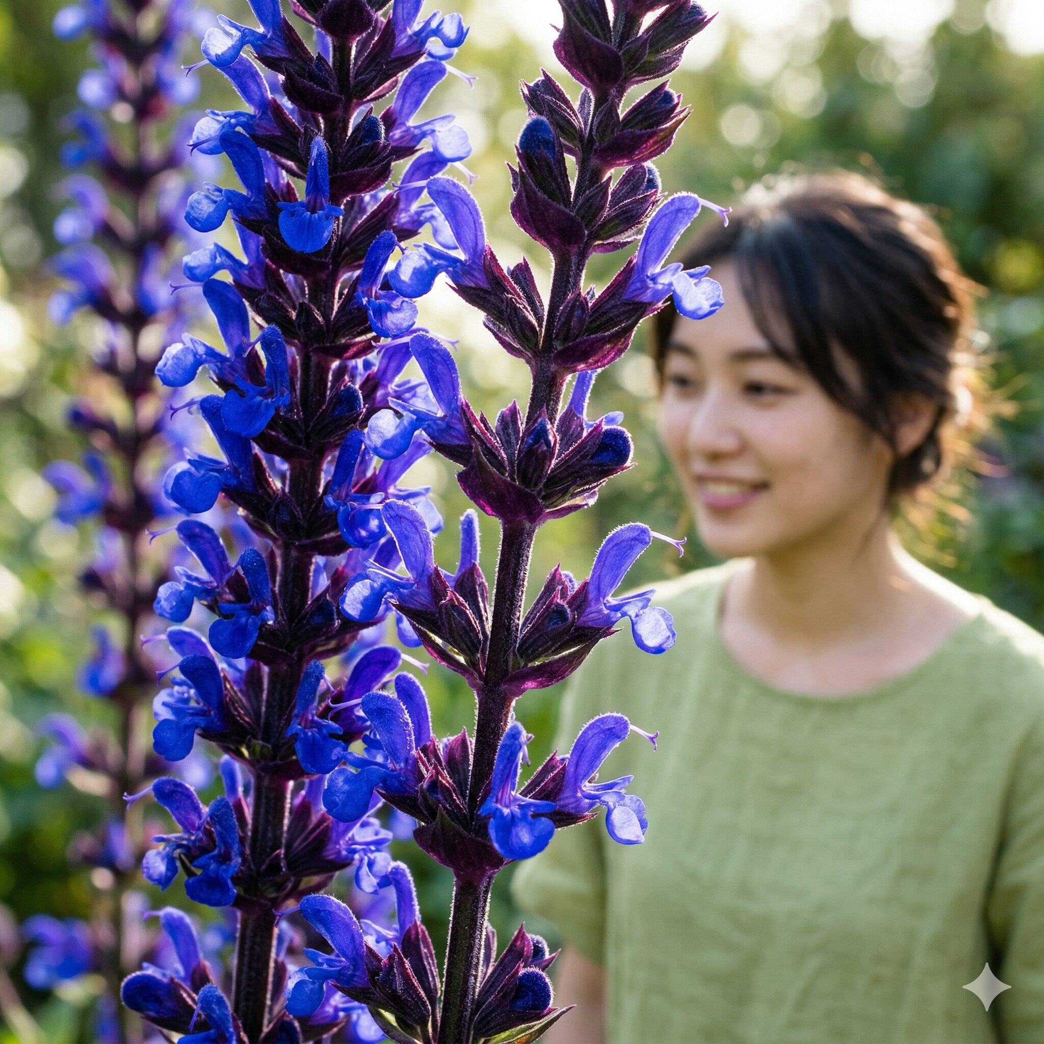 サルビア カラドンナ 育て方4 サルビア・カラドンナ特有の濃い黒紫色の茎とロイヤルブルーの花穂の拡大写真
