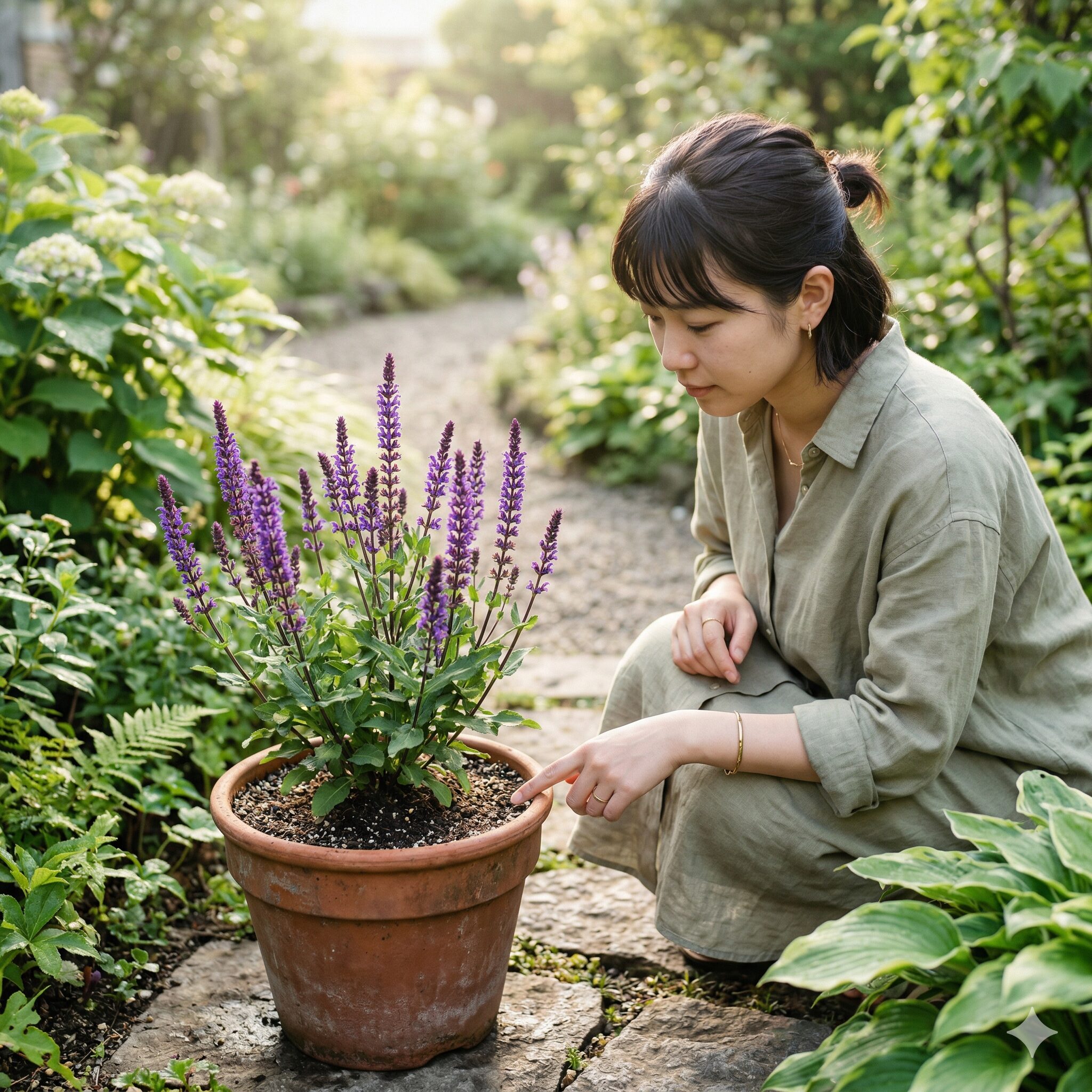 サルビア カラドンナ 育て方5 鉢植えのサルビア・カラドンナの土の乾き具合を指で確認する手元