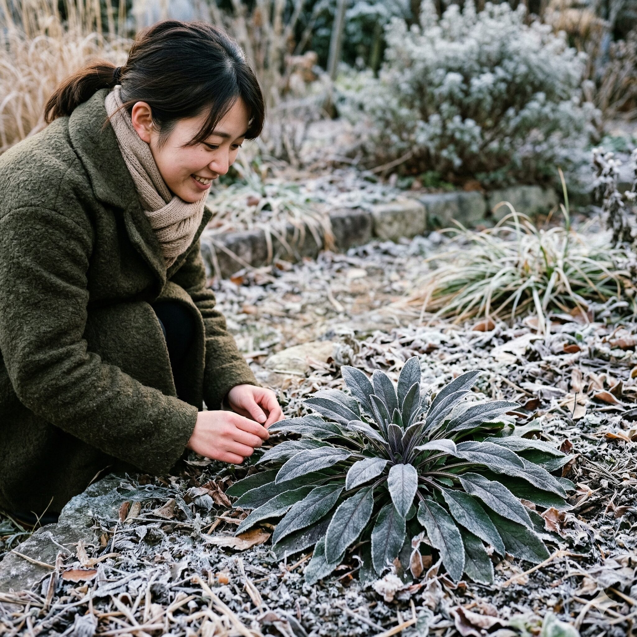サルビア カラドンナ 育て方6 冬の寒さに耐えながら地面に張り付いて越冬するサルビア・カラドンナのロゼット