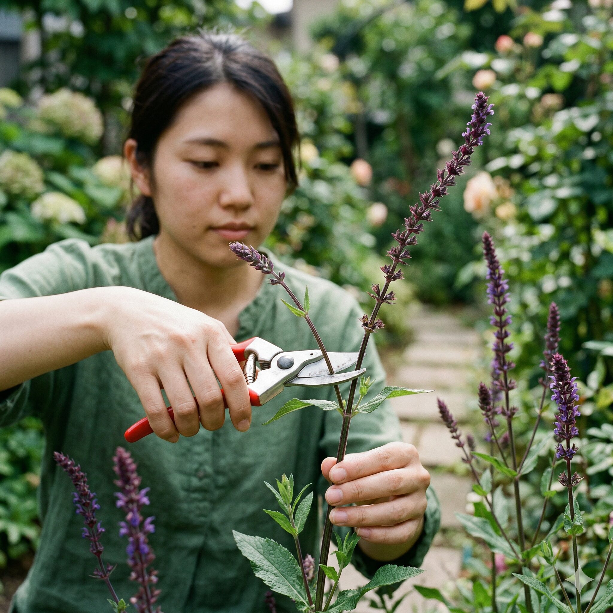 サルビア カラドンナ 育て方7 花が終わったサルビア・カラドンナの茎を新しい脇芽の上で切り戻す剪定作業