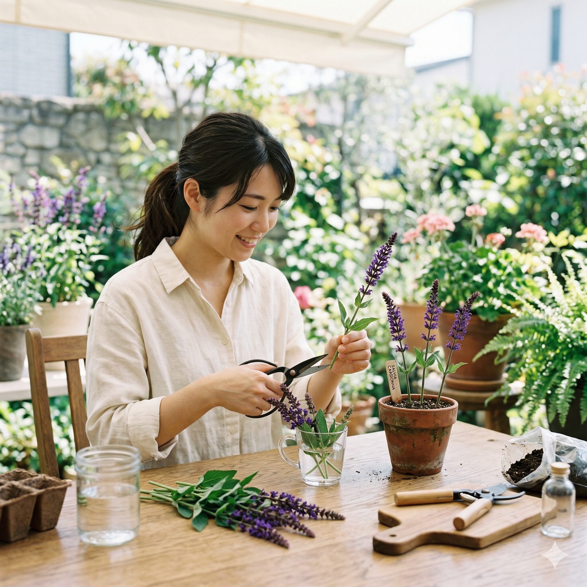 サルビア カラドンナ 育て方8 挿し木で増やすために準備されたサルビア・カラドンナの茎と挿し床のポット
