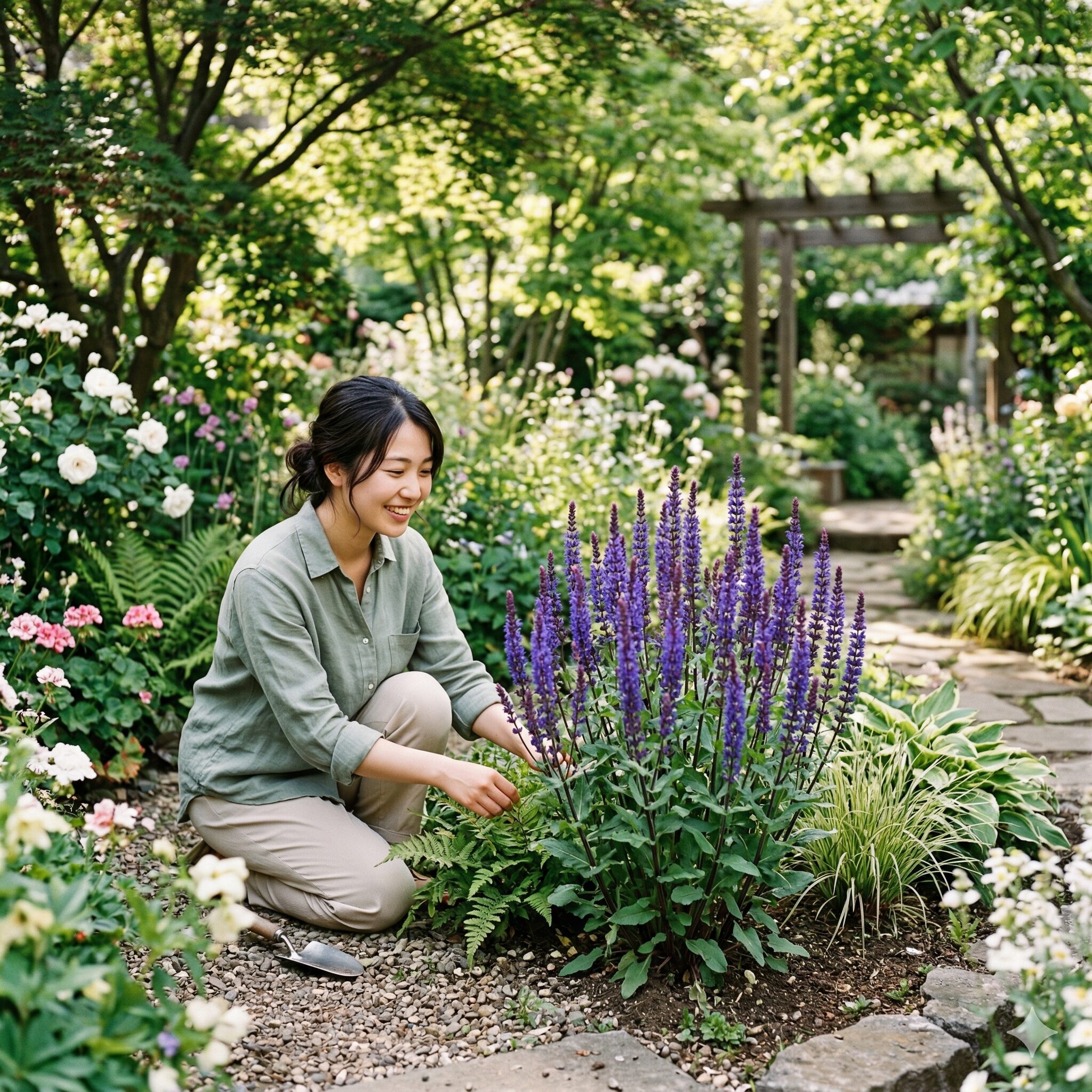 サルビア ネモ ローサ 日陰1　明るい半日陰の庭で美しく咲く青紫色のサルビア・ネモローサ