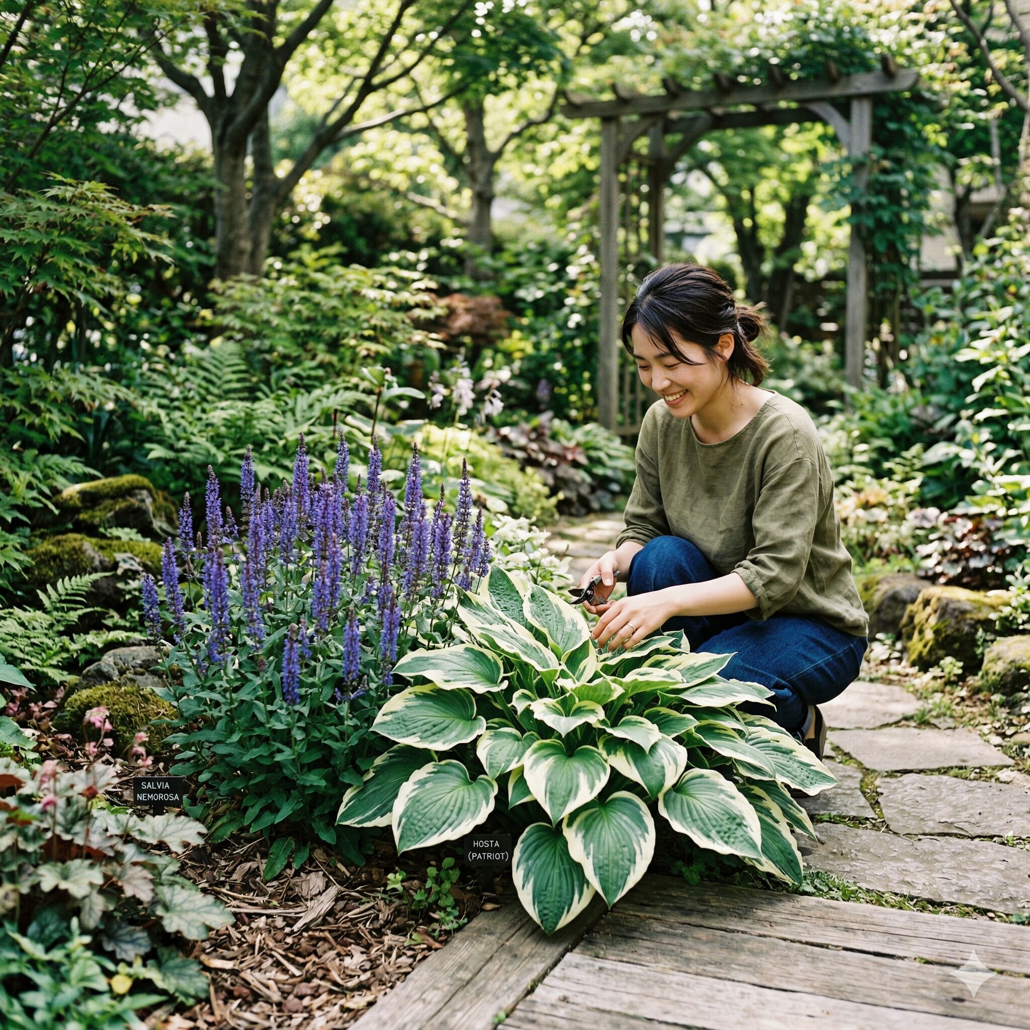 サルビア ネモ ローサ 日陰10 サルビアと斑入りギボウシを組み合わせた美しい日陰の庭の植栽デザイン