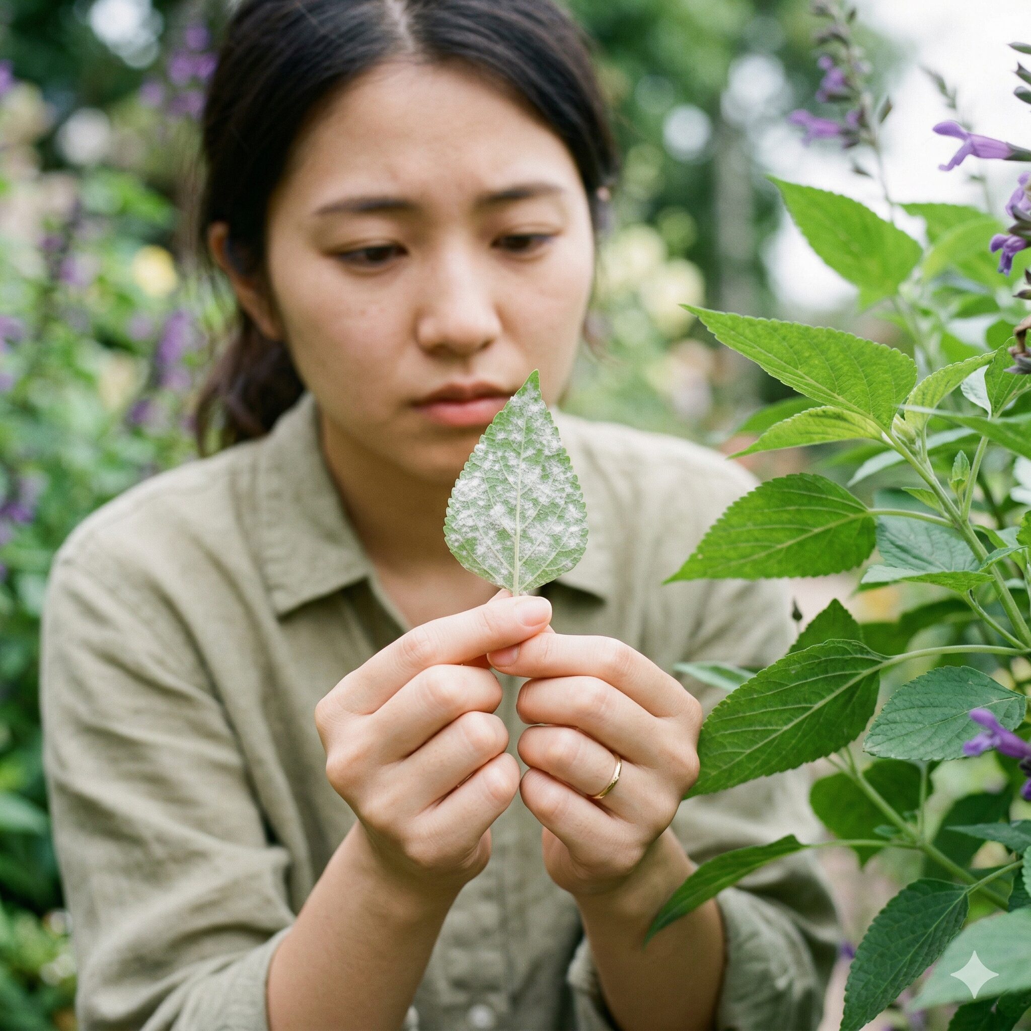サルビア ネモ ローサ 日陰6 サルビアの葉に発生したうどんこ病の症状の様子