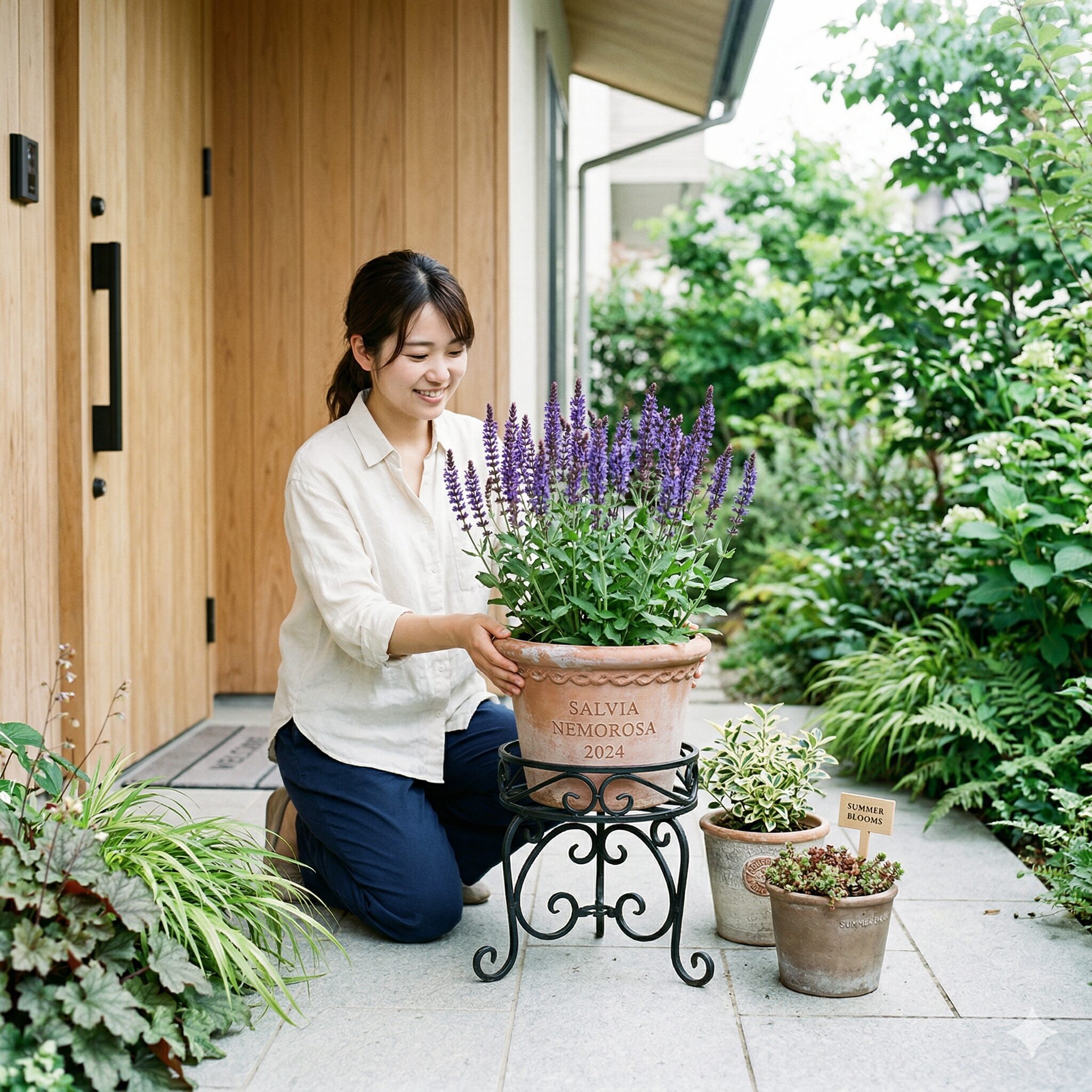 サルビア ネモ ローサ 日陰7 鉢スタンドを使って風通しを良くした鉢植えのサルビア・ネモローサ