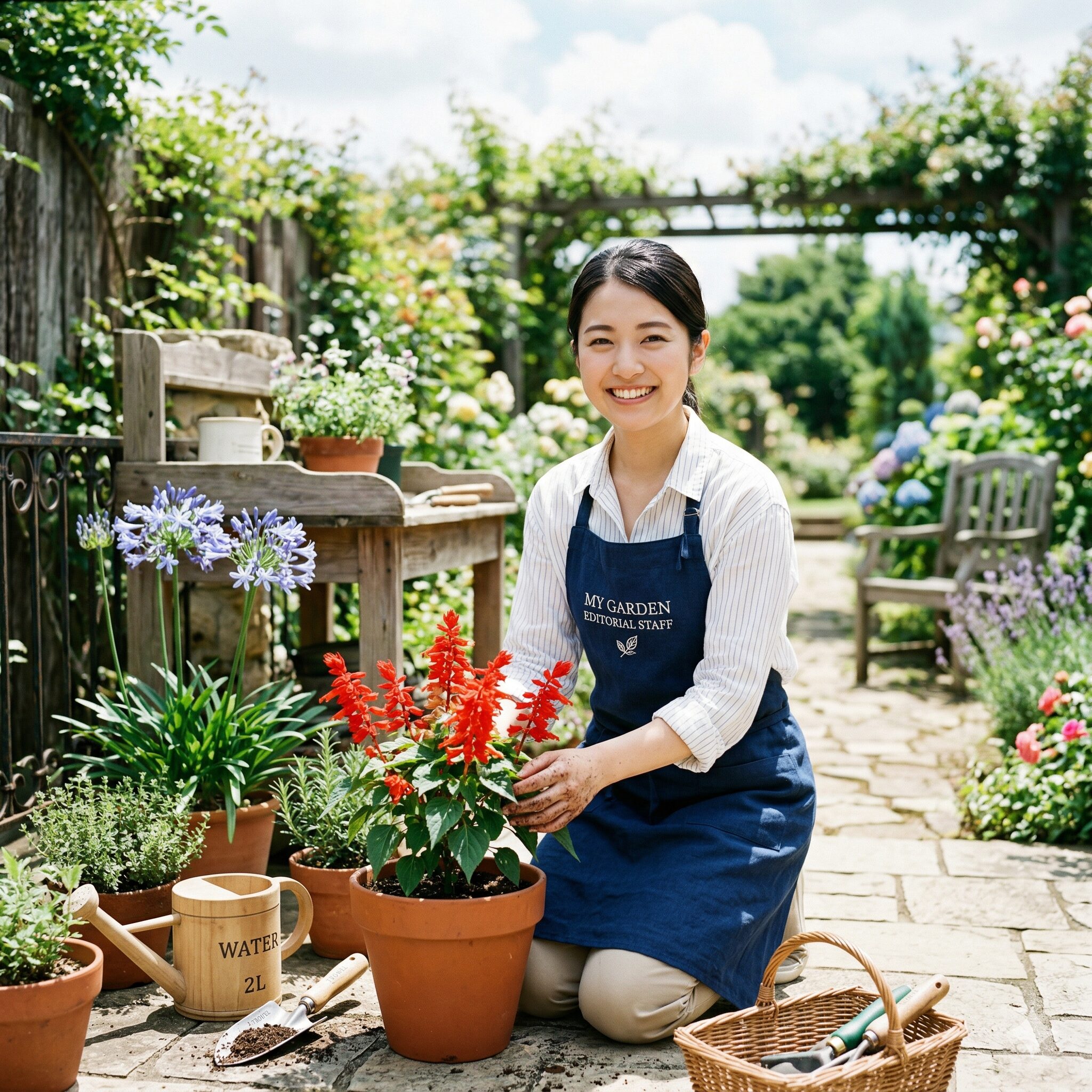 サルビア 蜜 毒1　赤いサルビアの鉢植えを手入れする笑顔の日本人女性