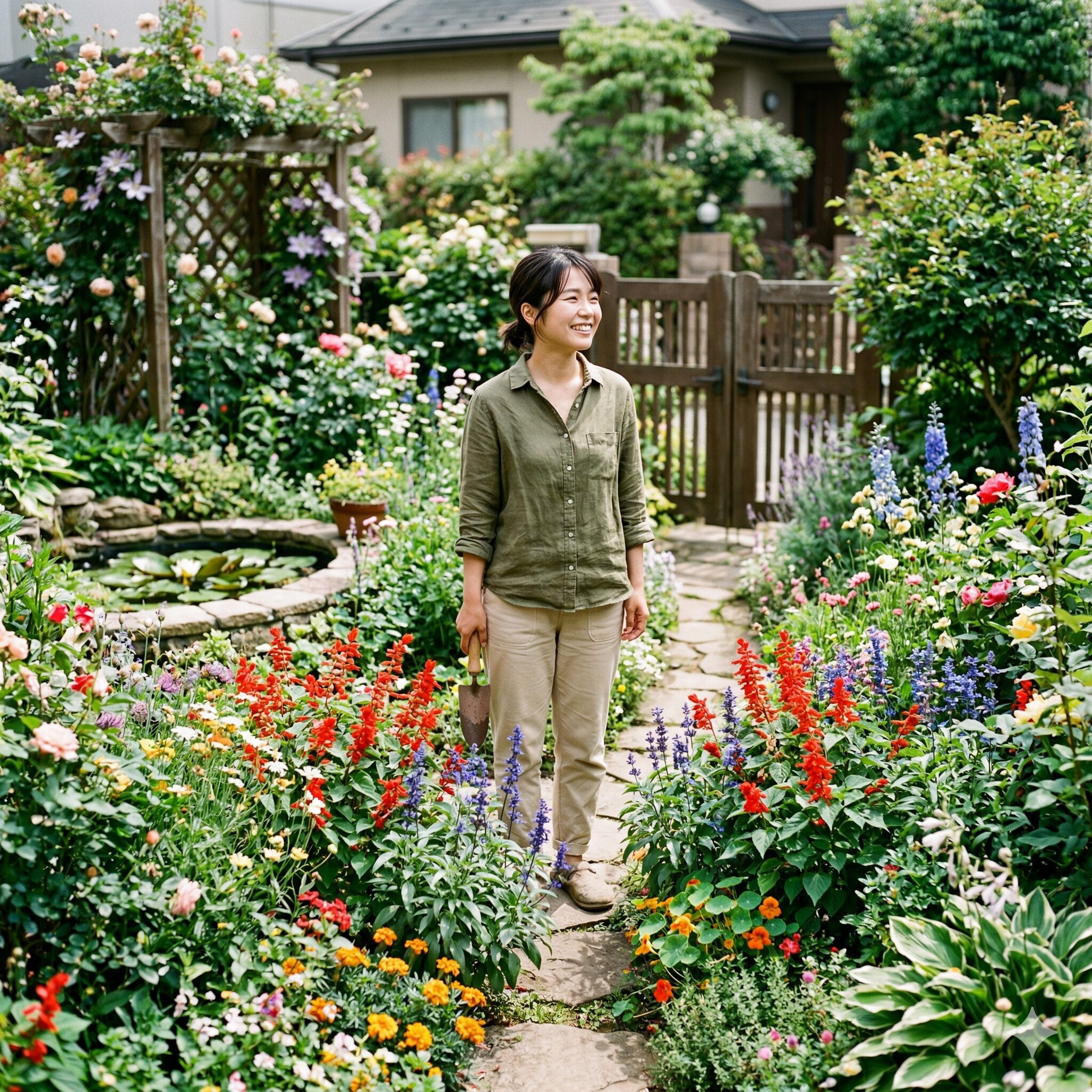 サルビア 蜜 毒10 美しい庭でガーデニングを楽しむ日本人女性