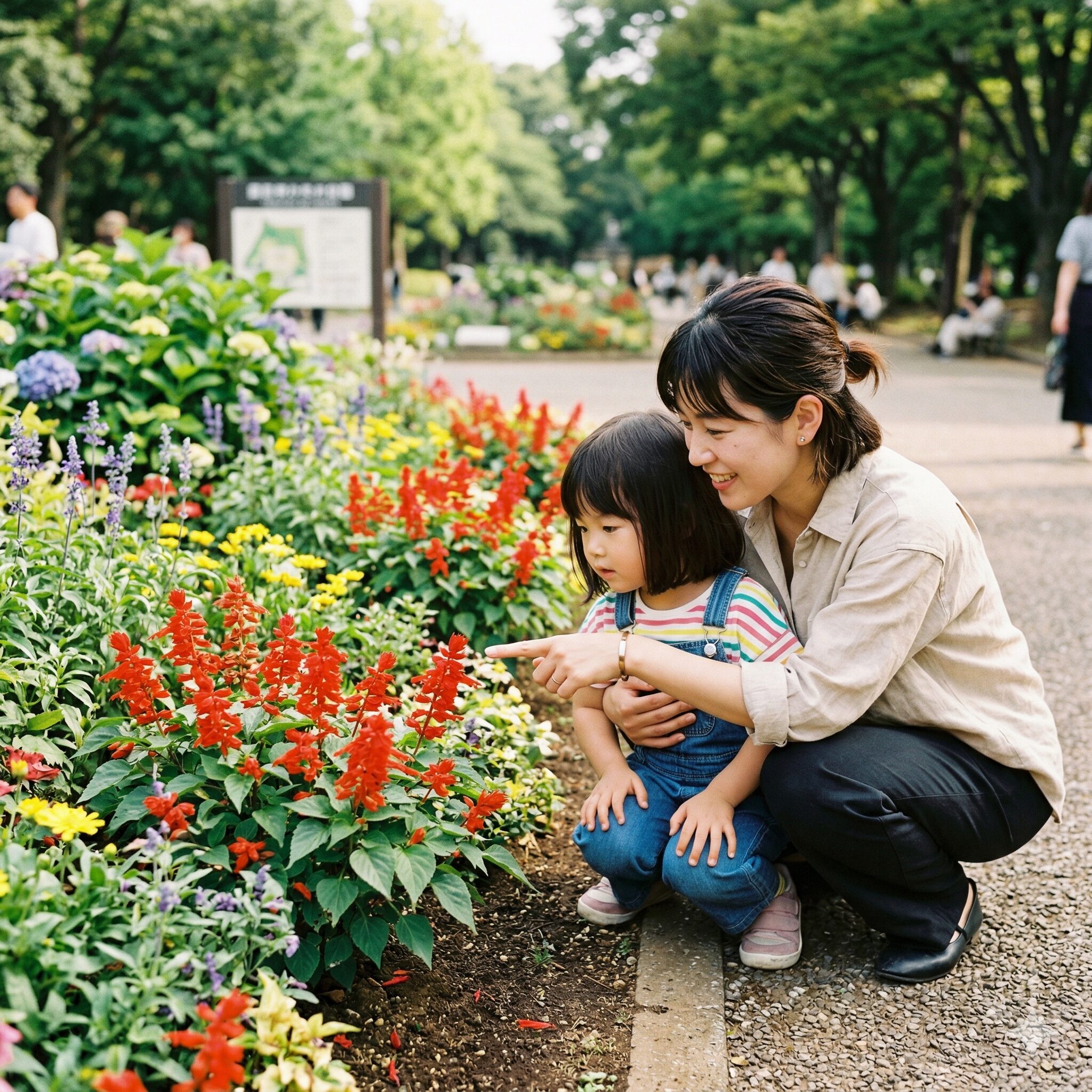 サルビア 蜜 毒3 子供にサルビアの花について教える日本人女性