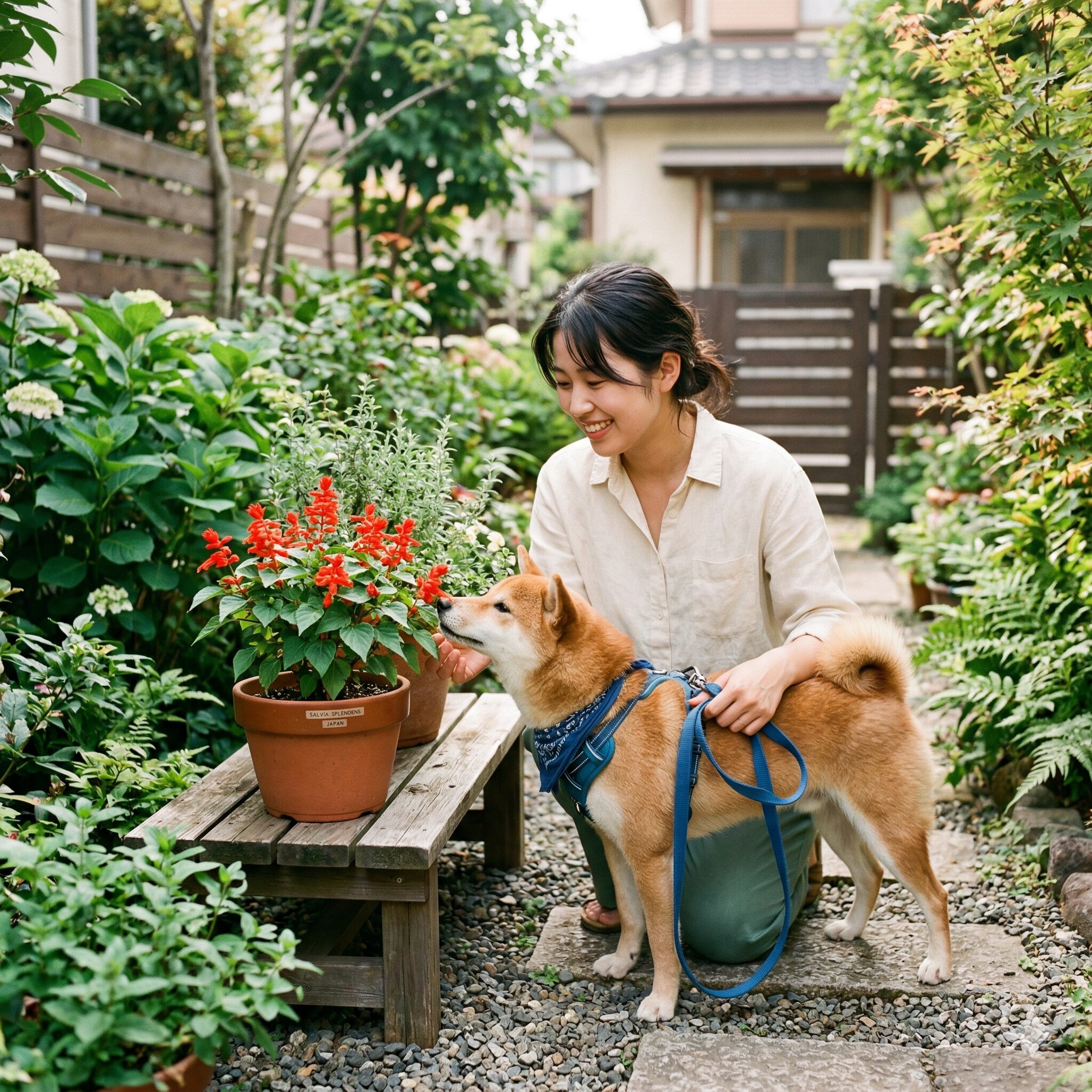 サルビア 蜜 毒4 庭のサルビアの近くにいる柴犬と飼い主の女性