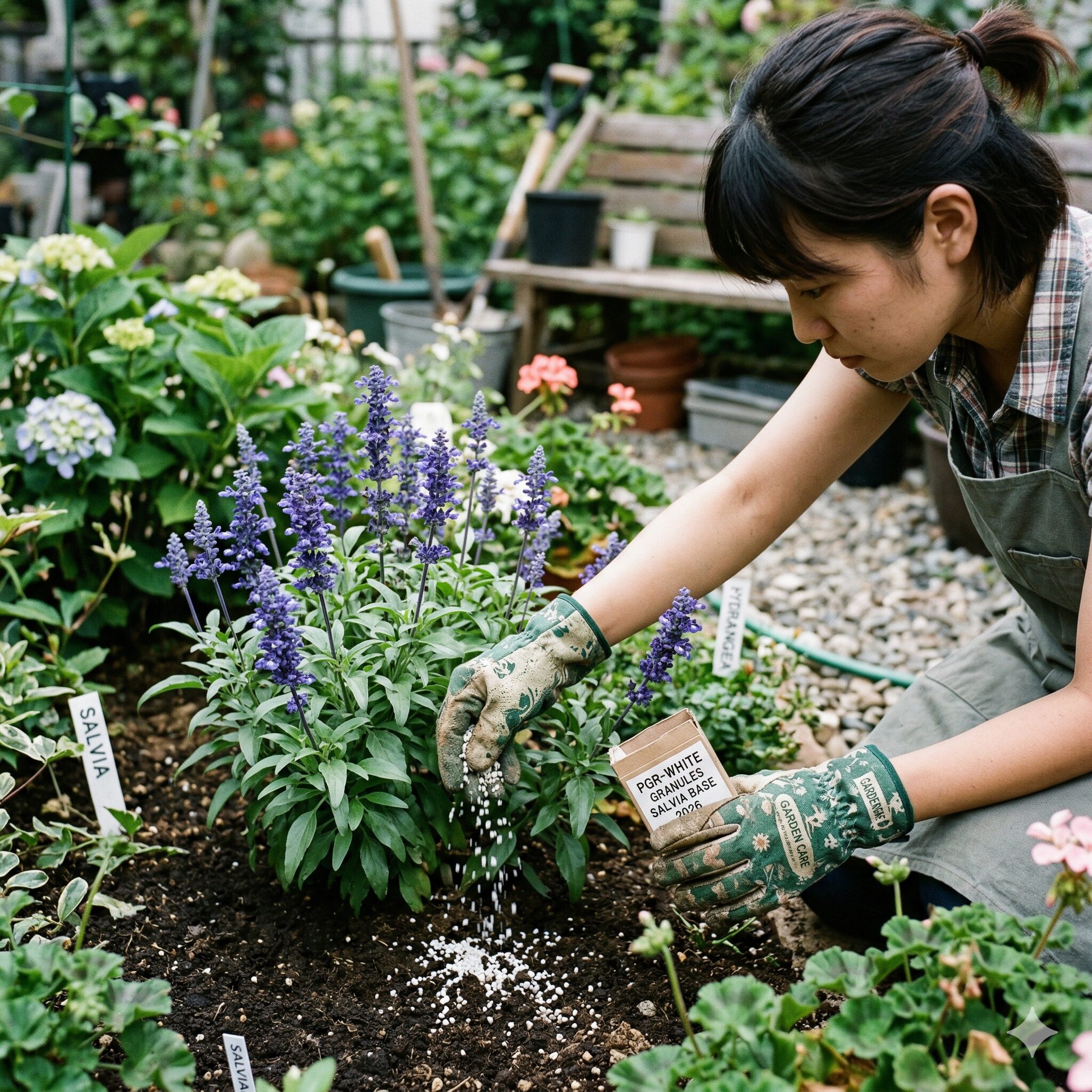 サルビア 蜜 毒8 サルビアの株元に園芸用農薬を散布する様子