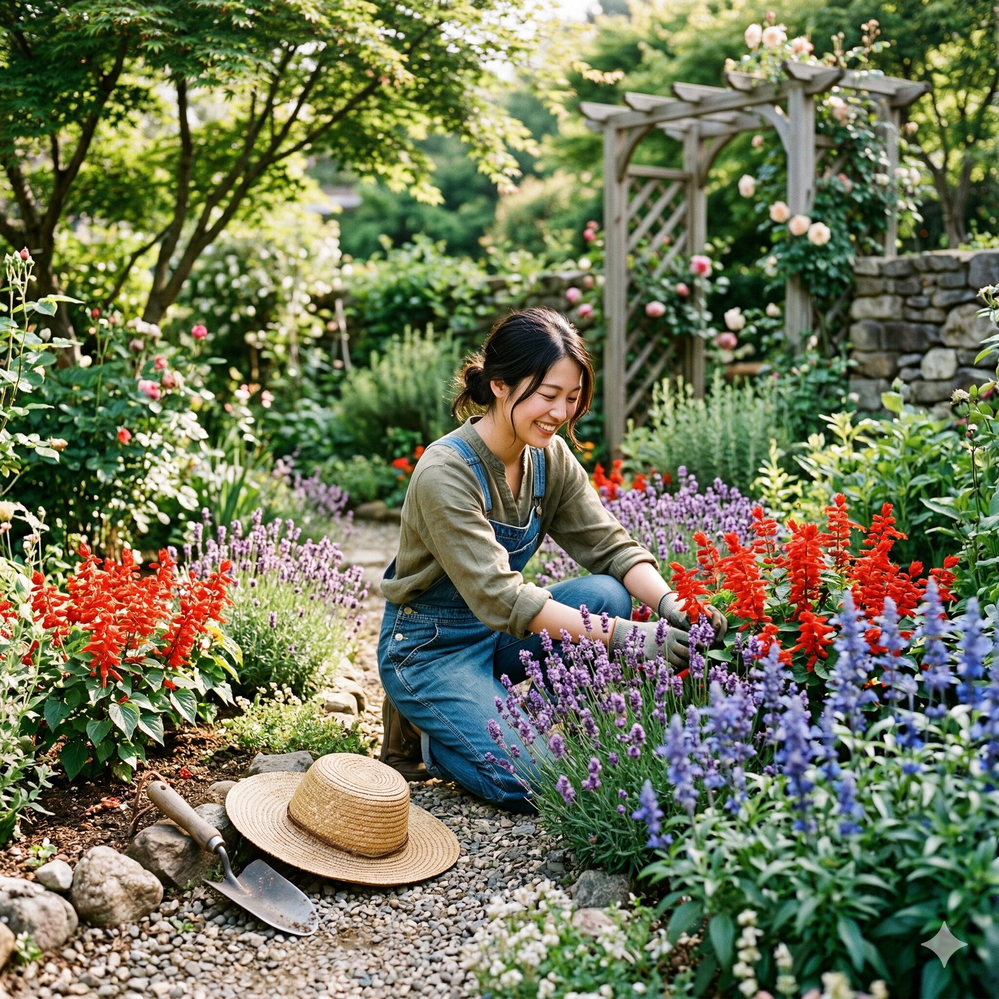 サルビアに似た花1　サルビアやラベンダーなど、似た花々が彩り豊かに咲き誇る美しい庭の風景