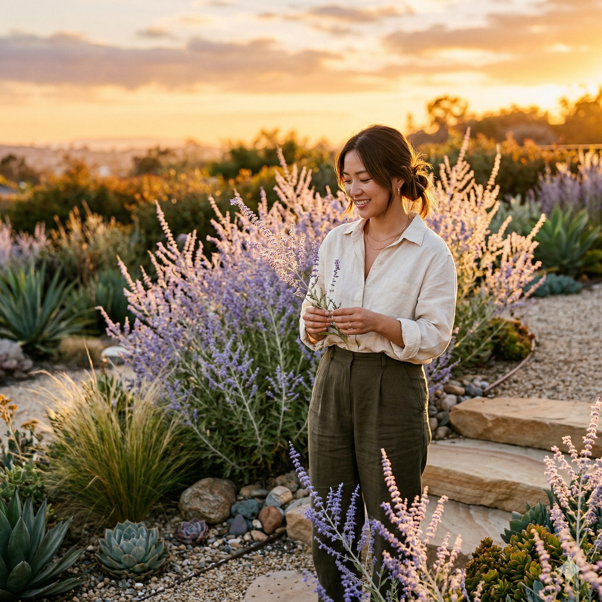 サルビアに似た花10　シルバーリーフと淡い紫の花がスタイリッシュなロシアンセージの風景