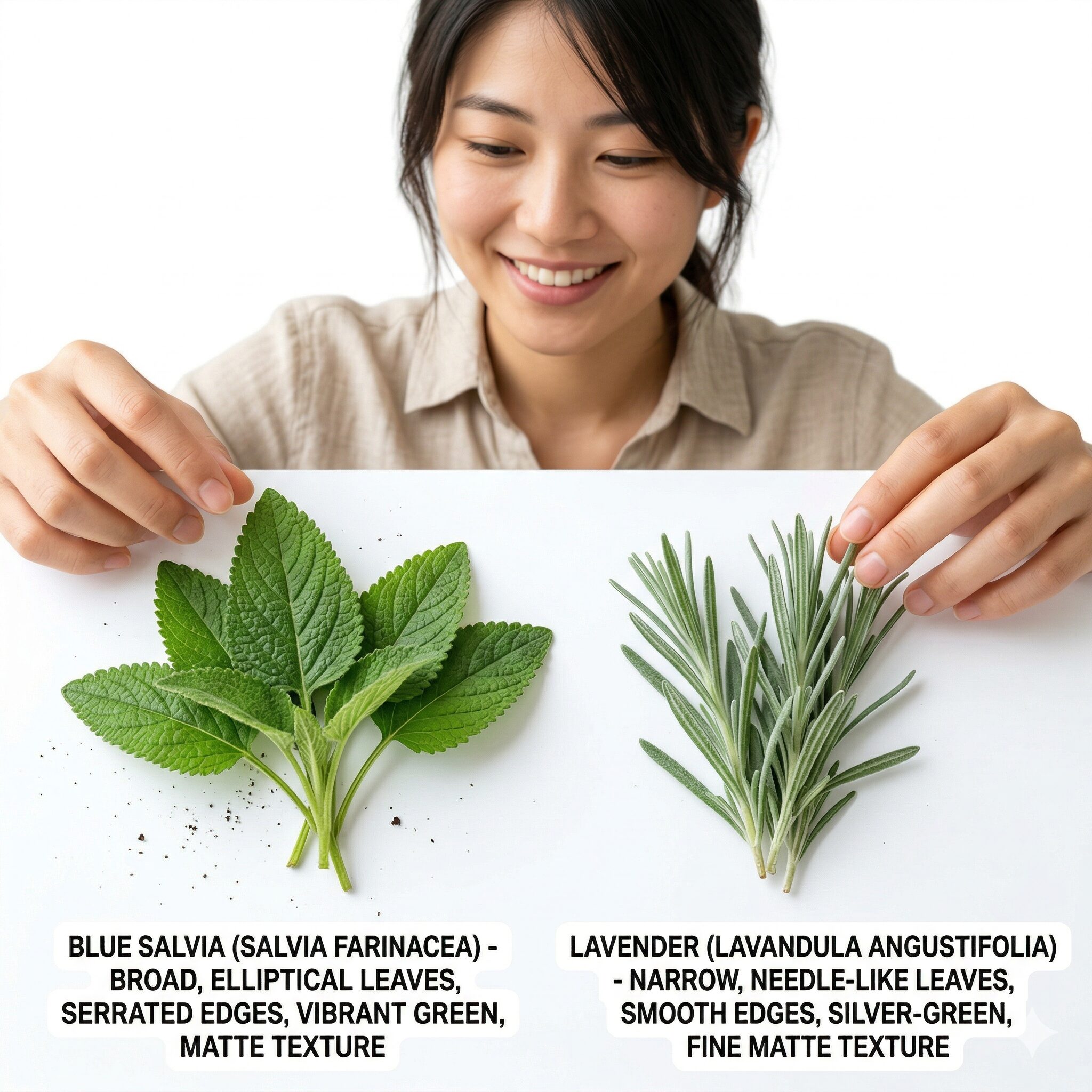 サルビアに似た花2　ブルーサルビアの幅広な葉とラベンダーの細長い葉の形状比較画像