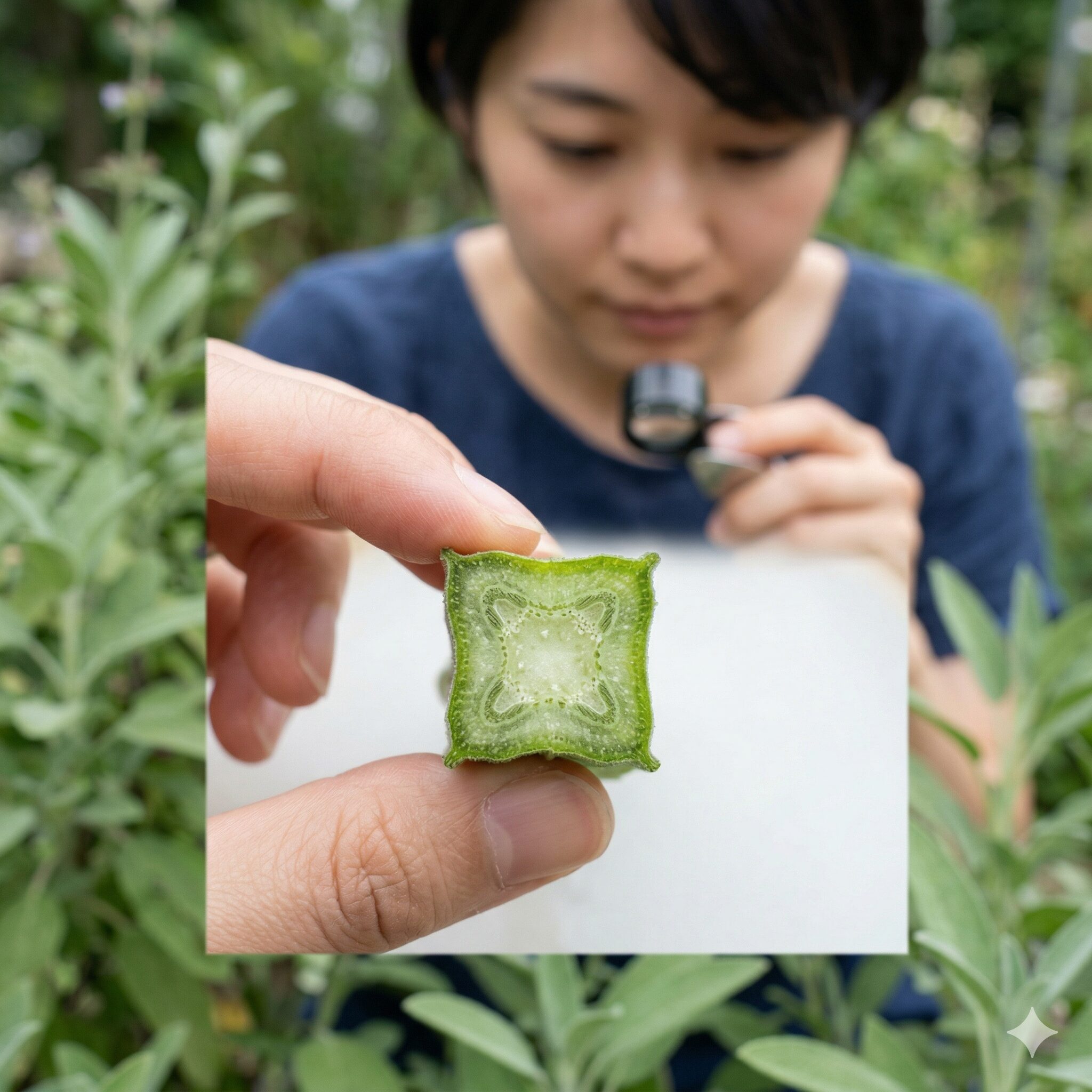 サルビアに似た花4　シソ科植物に共通する特徴であるサルビアの四角い茎の断面接写