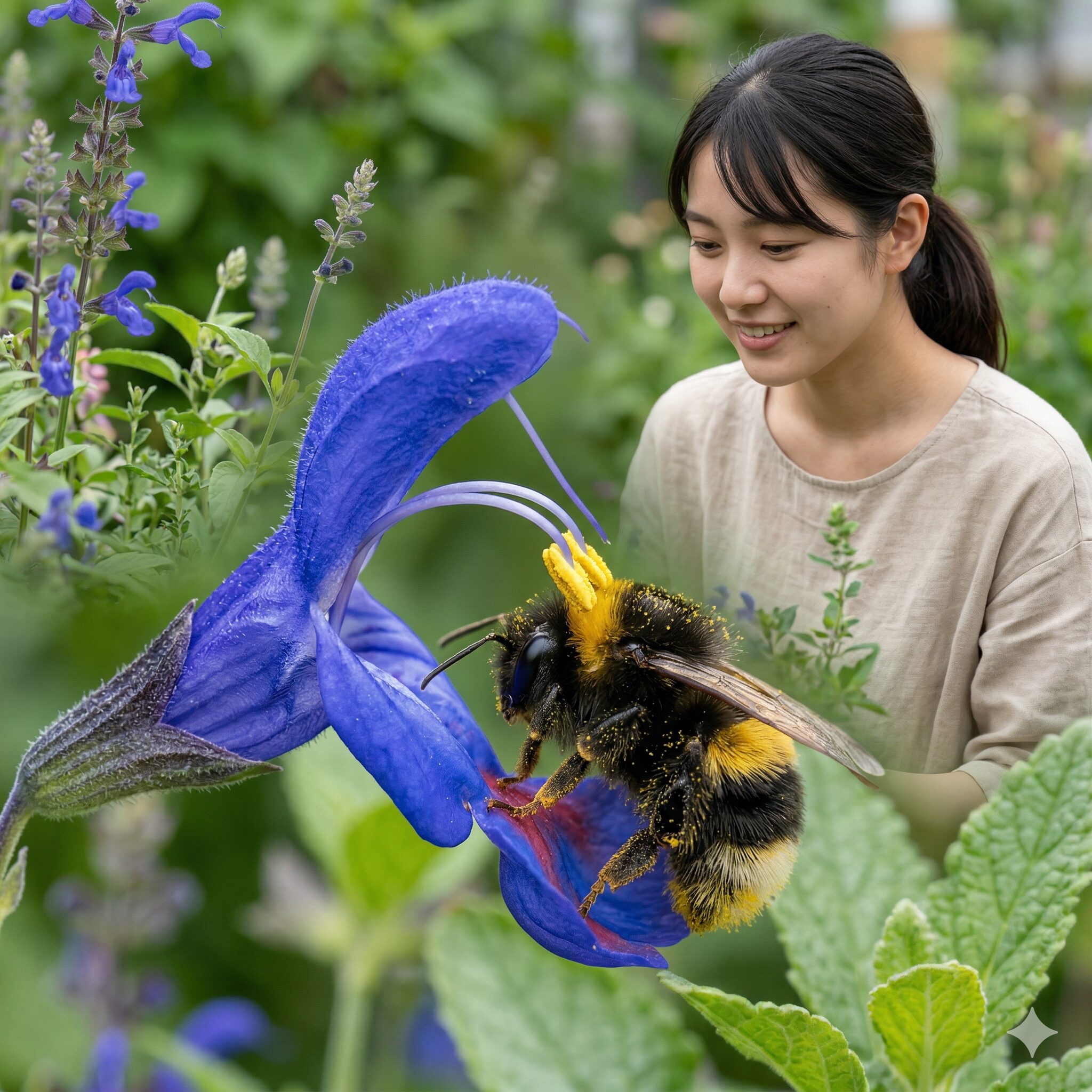 サルビアに似た花5　サルビアの花に止まったハチと授粉を助ける「てこ機構」の連動する様子