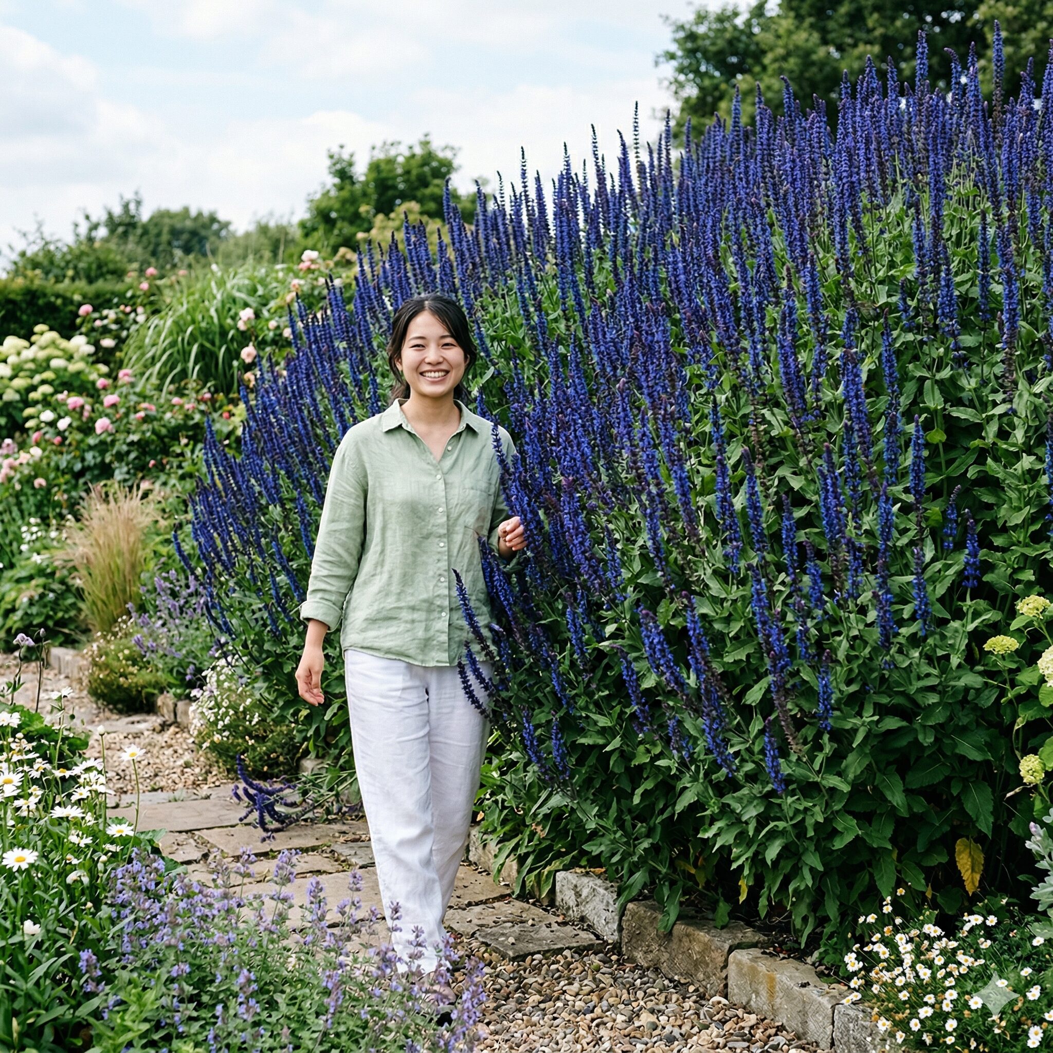 サルビアに似た花6　庭の背景としてダイナミックに大きく成長したラベンダーセージの群生