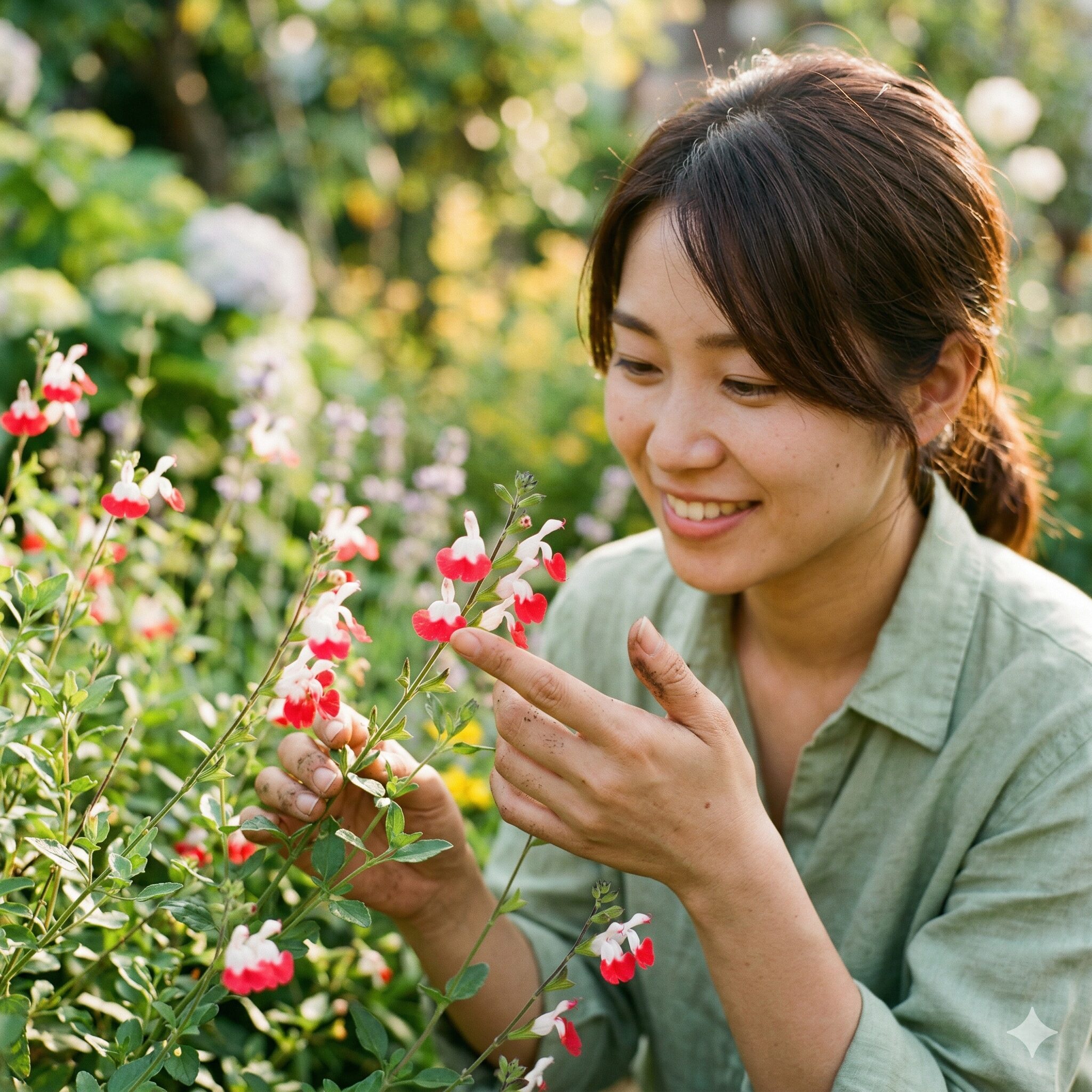 サルビアに似た花8　赤と白のツートンカラーが可愛いチェリーセージのアップと手入れの様子