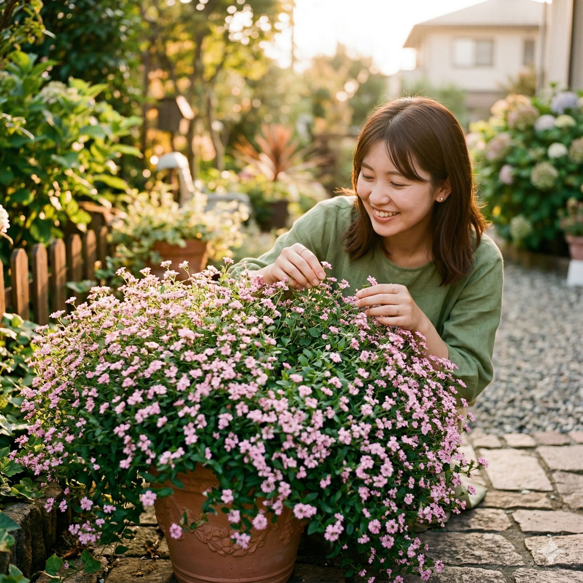 サントリー フェアリースター 冬越し1　夏の終わりに庭で満開に咲く、ピンク色のサントリー フェアリースターの健康的な花株。