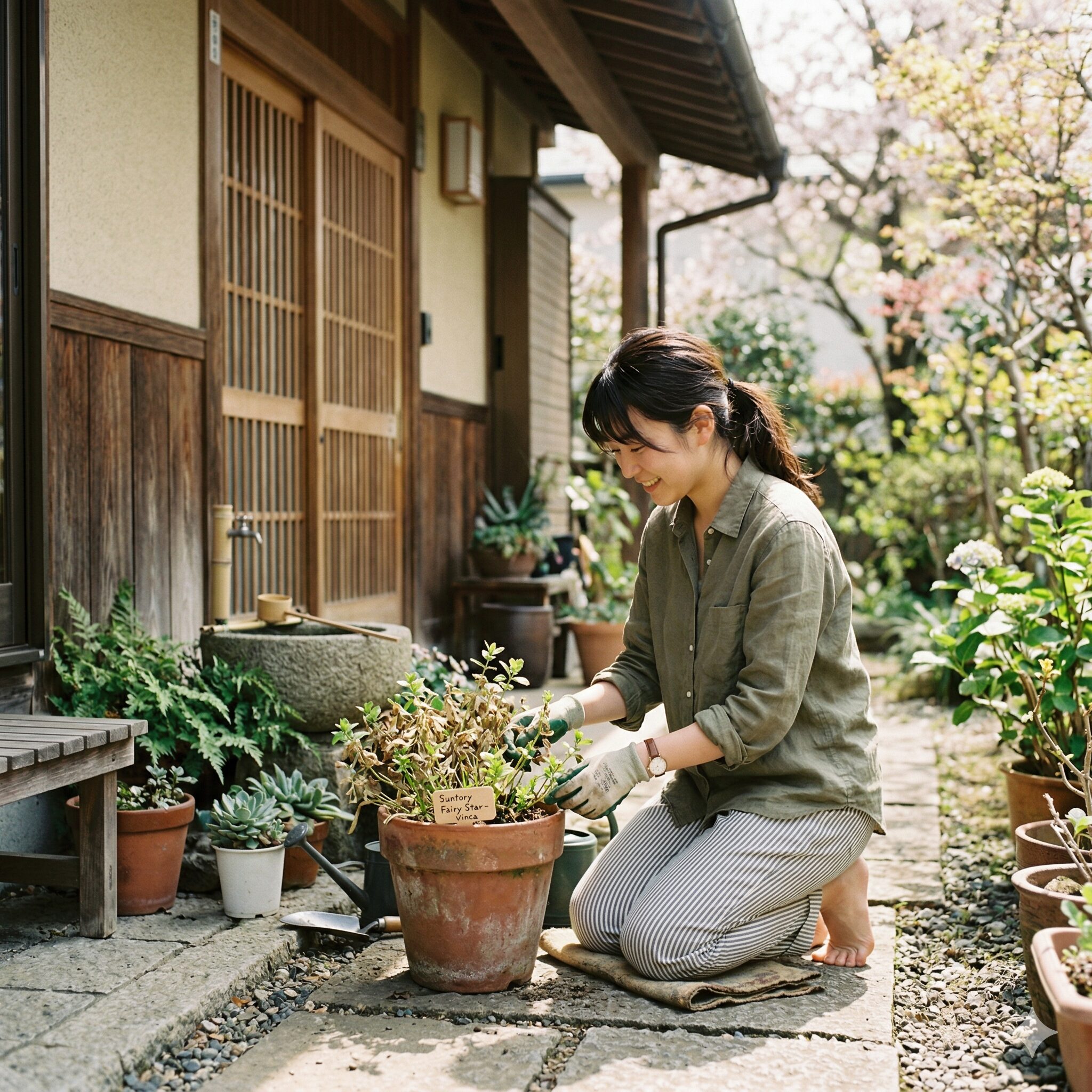サントリー フェアリースター 冬越し10　春になり、室内から屋外の半日陰に出して外の環境に慣らす（順化）サントリー フェアリースター。