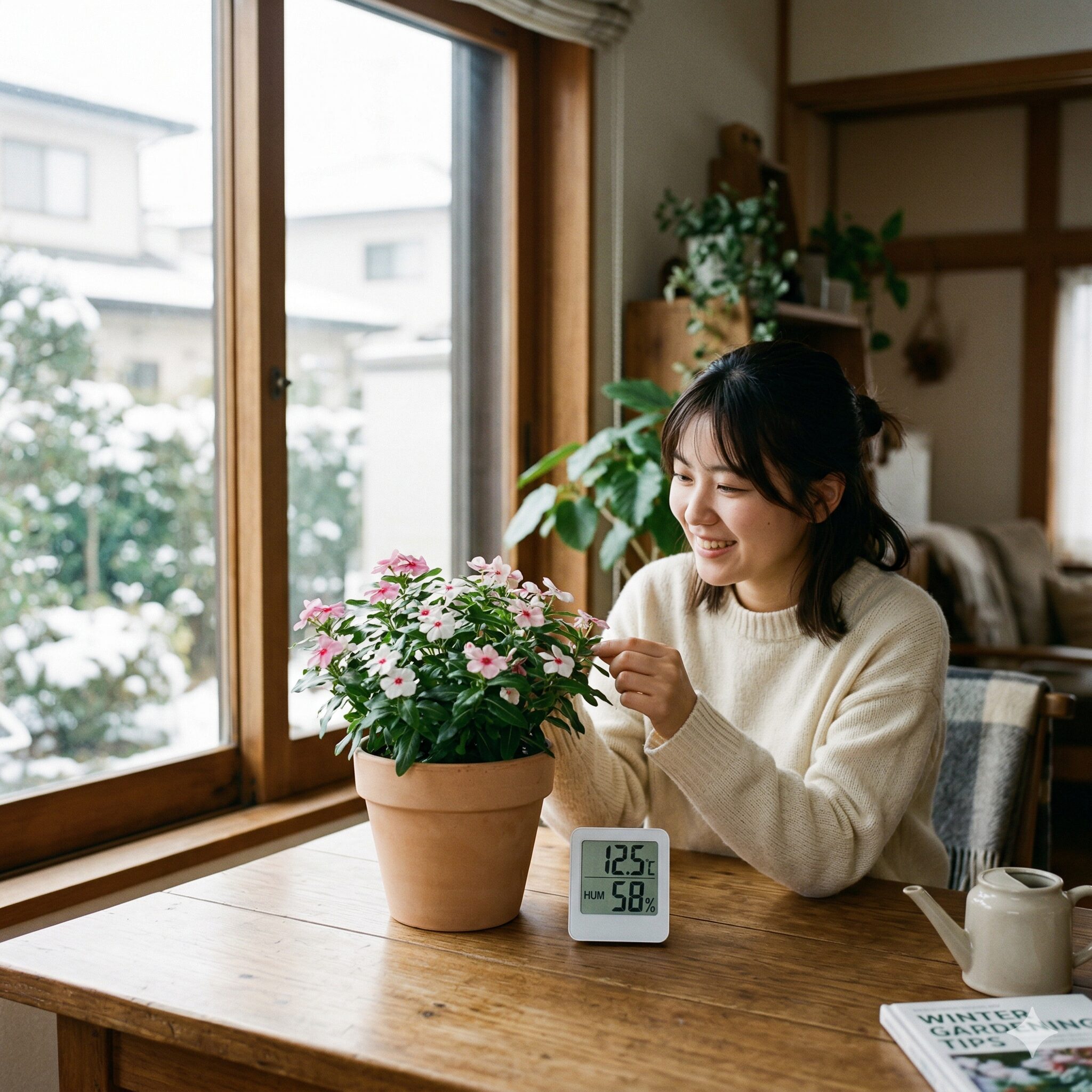 サントリー フェアリースター 冬越し2　冬の室内で温度計を使い、サントリー フェアリースターの冬越しに必要な室温（10〜12°C）を管理する様子。