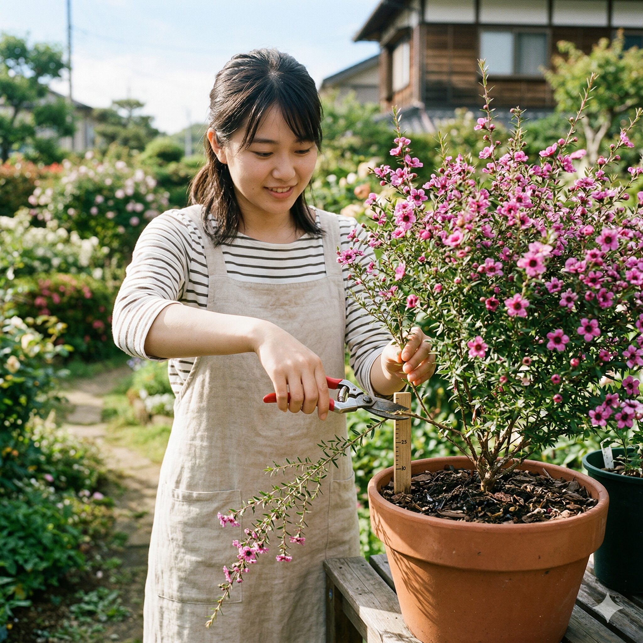サントリー フェアリースター 冬越し3　冬越し前にサントリー フェアリースターの株をコンパクトに切り戻す園芸作業の様子。