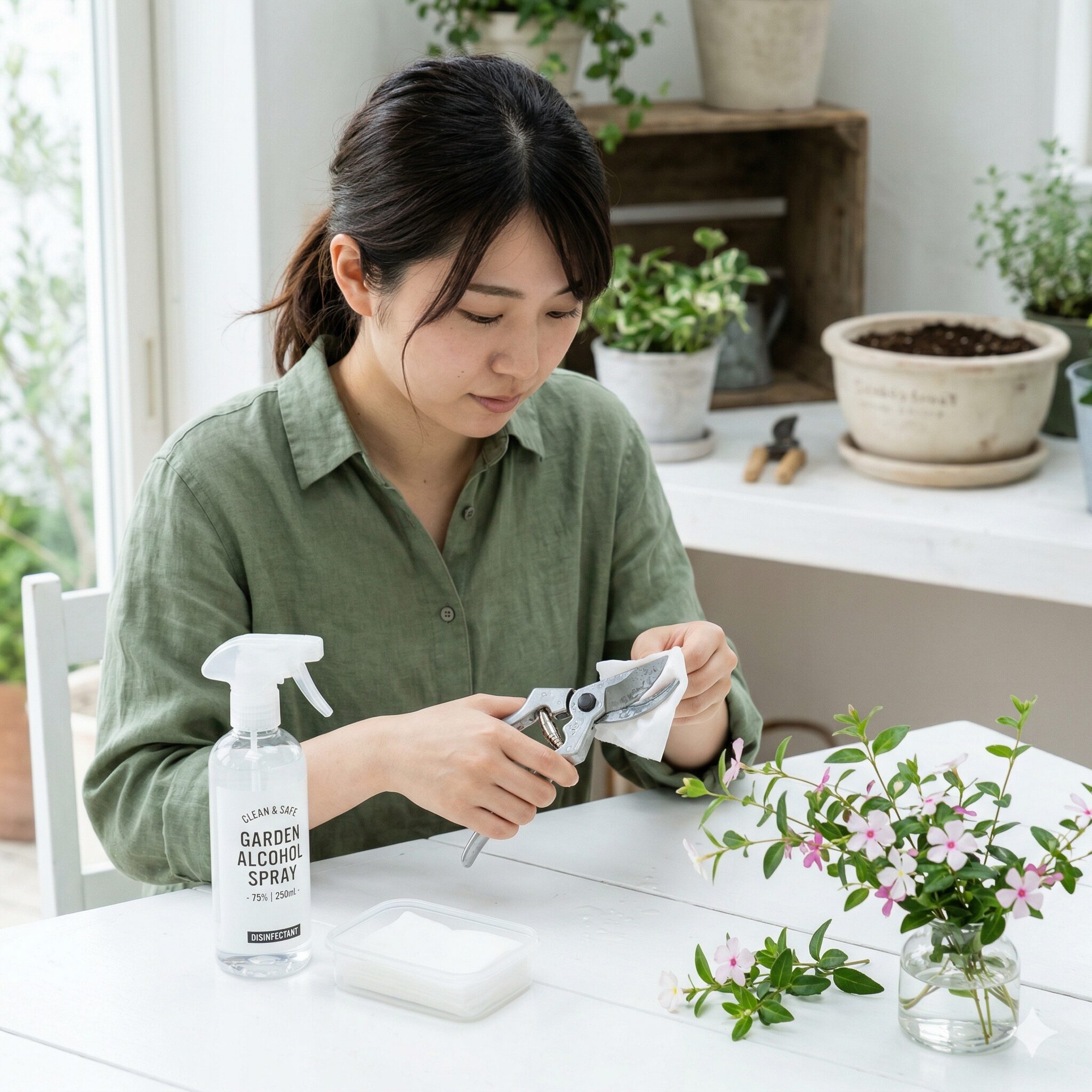 サントリー フェアリースター 冬越し4　フェアリースターの茎腐れ病を予防するため、切り戻し前に園芸バサミをアルコールで消毒する様子。