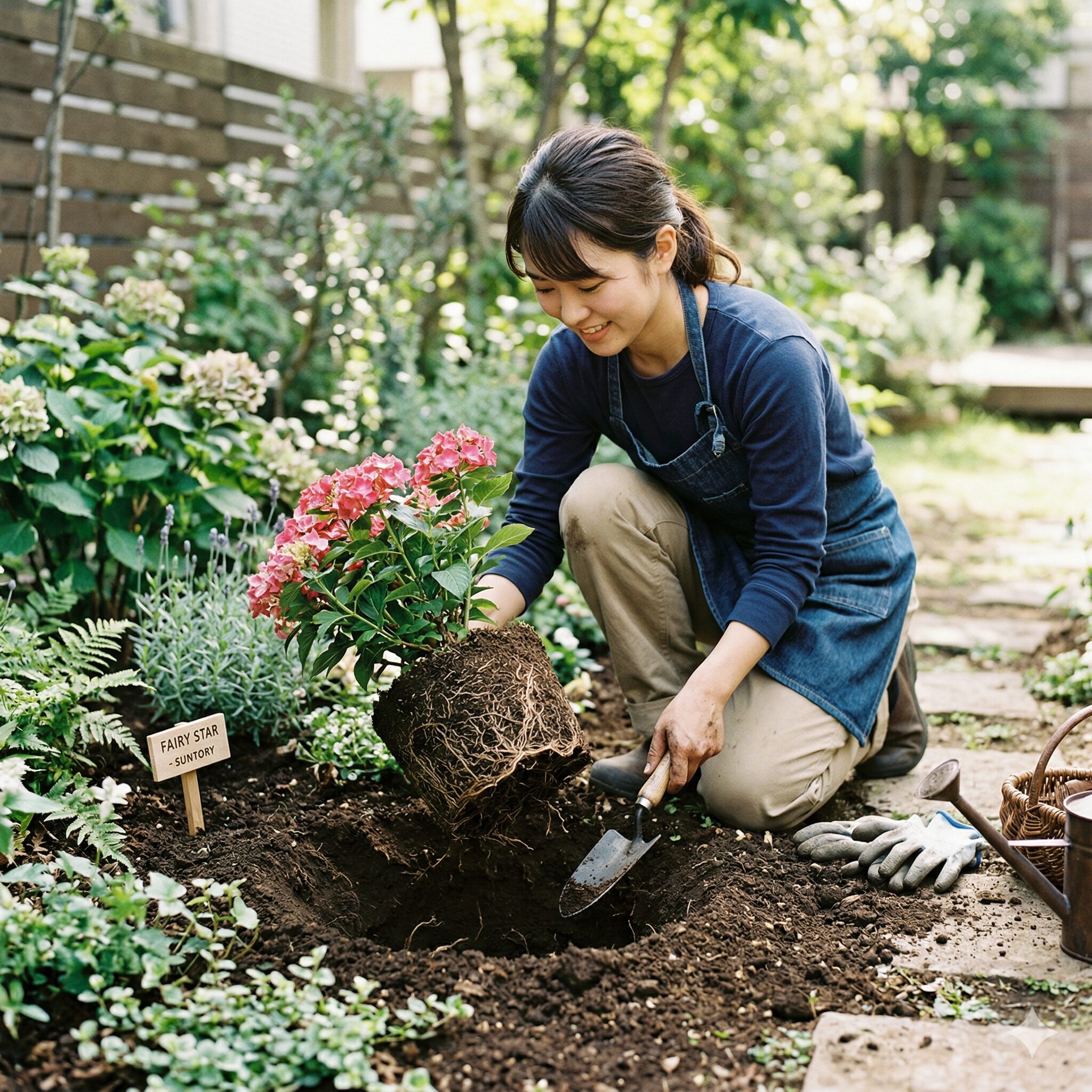 サントリー フェアリースター 冬越し5　花壇からサントリー フェアリースターを掘り上げ、根鉢を崩さずに鉢へ移す（鉢上げ）作業。
