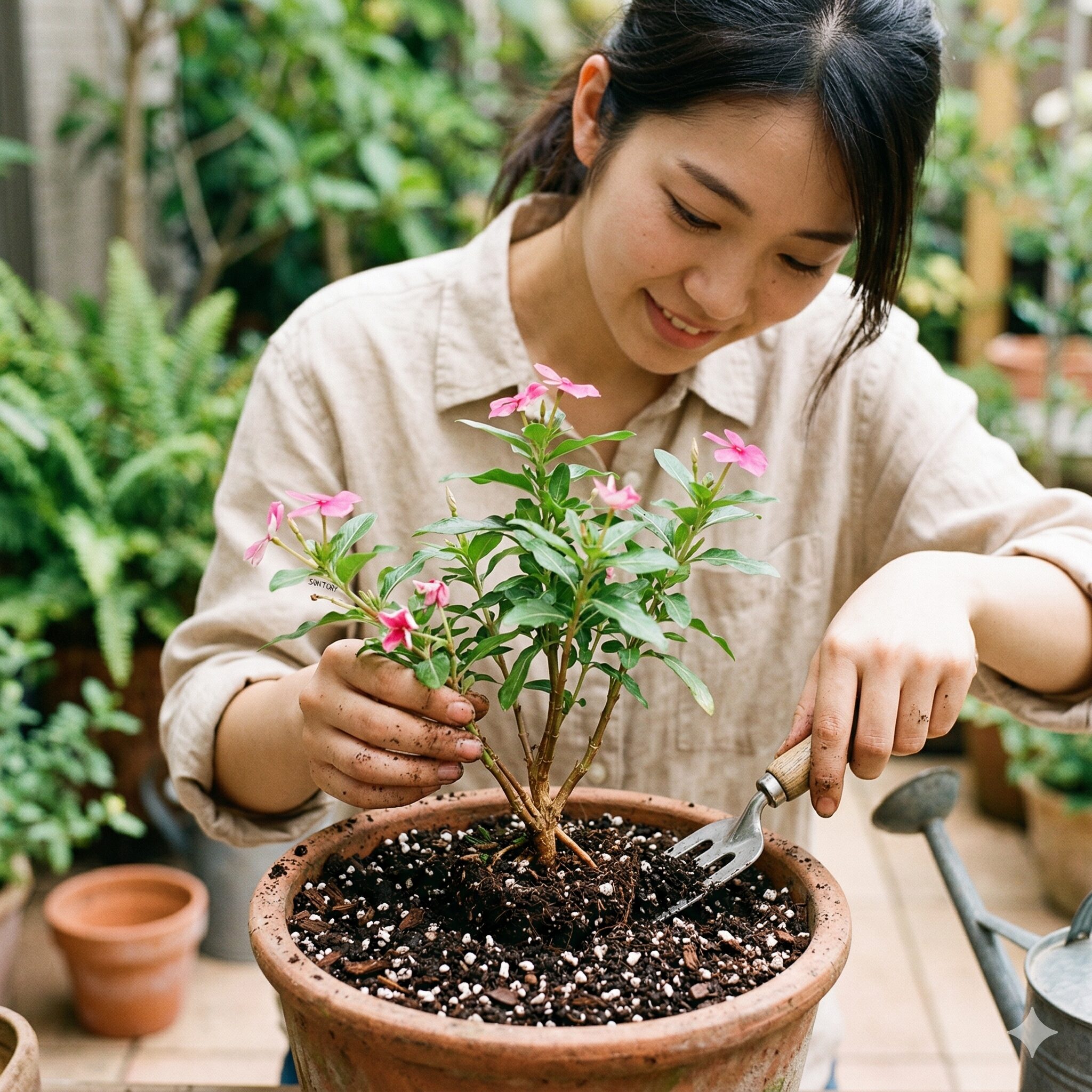 サントリー フェアリースター 冬越し6　灰色カビ病対策として、株元を土に埋めずに露出させる「浅植え」で植えられたサントリー フェアリースター。