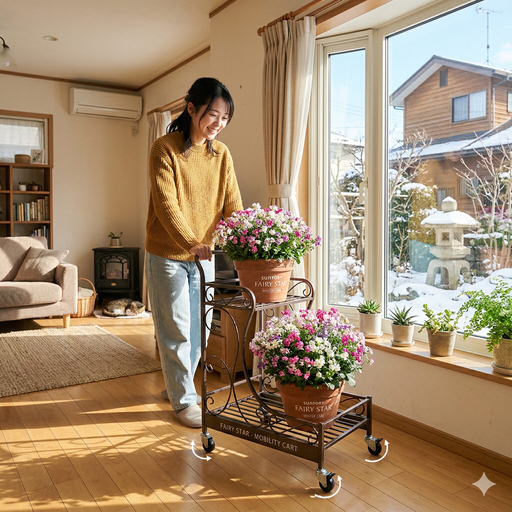 サントリー フェアリースター 冬越し7　冬の室内で、窓辺の陽だまりに置かれて日光浴をするサントリー フェアリースターの鉢植え。