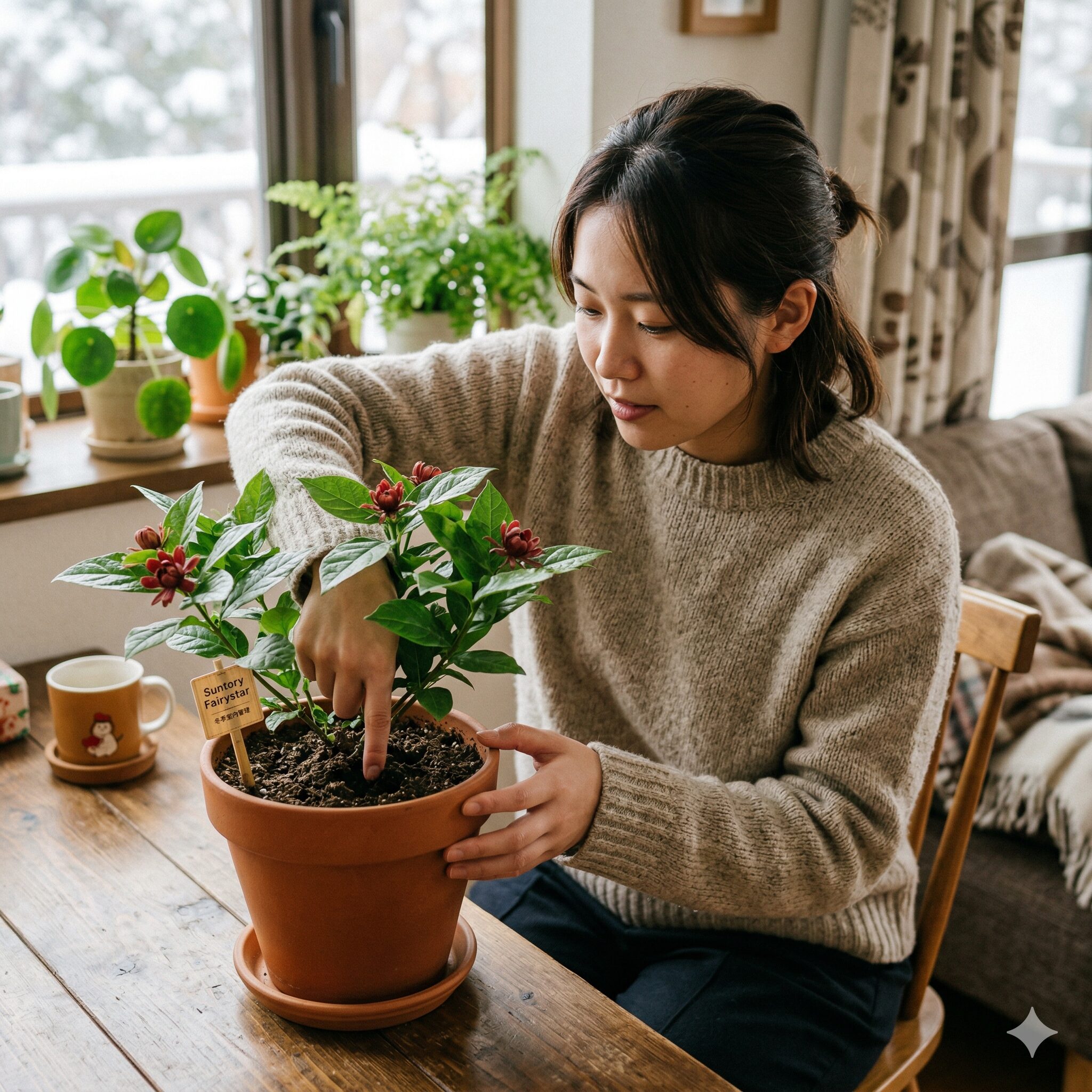 サントリー フェアリースター 冬越し8　サントリー フェアリースターの土の乾燥具合を、指を差し込んで確認する冬の水やり管理。
