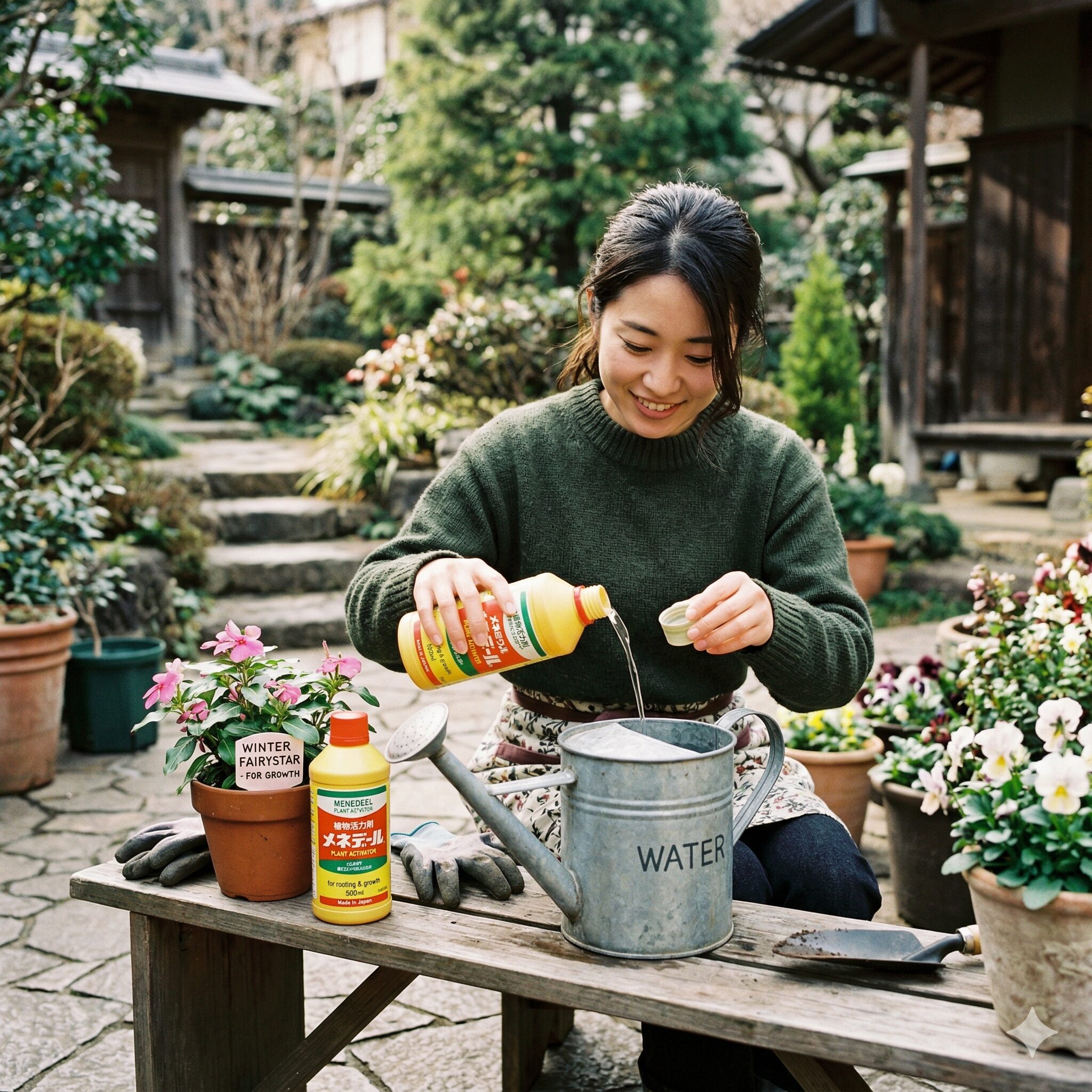 サントリー フェアリースター 冬越し9　冬のサントリー フェアリースターの活力を維持するため、植物活力剤メネデールの希釈液を作る様子。