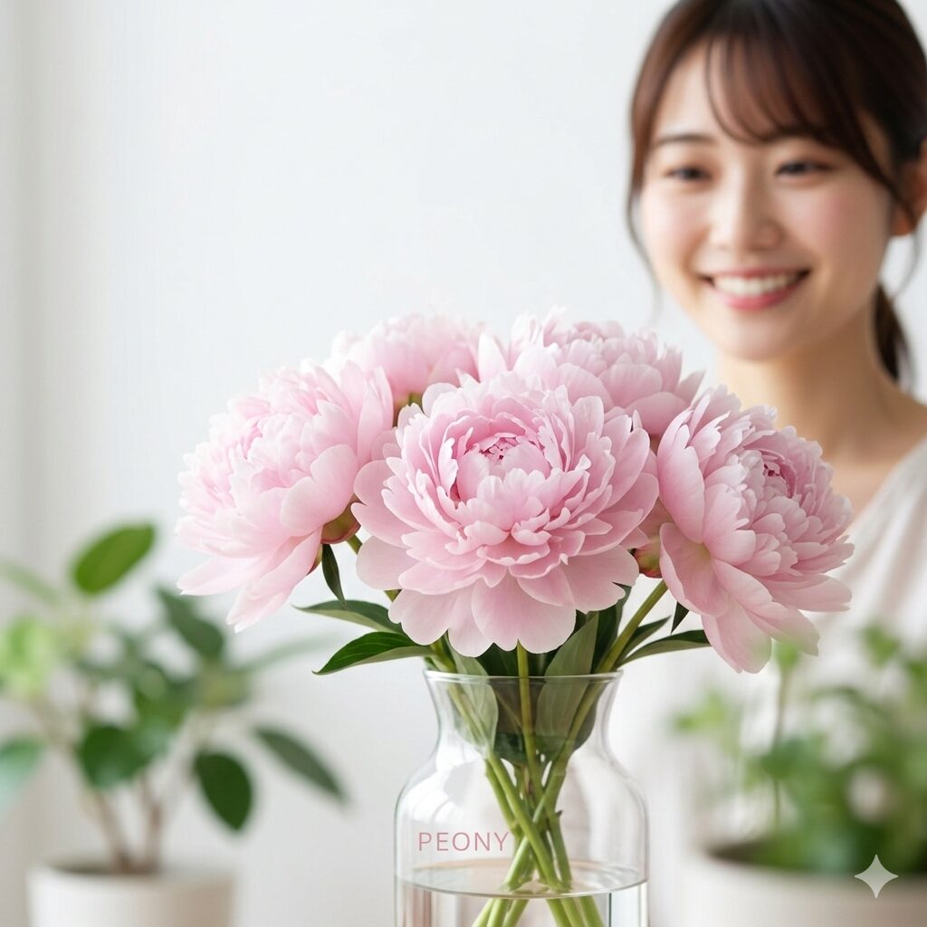 シャクヤクに似た花1　初夏の光を浴びて美しく咲き誇る、大輪で多弁なピンクのシャクヤクの切り花。