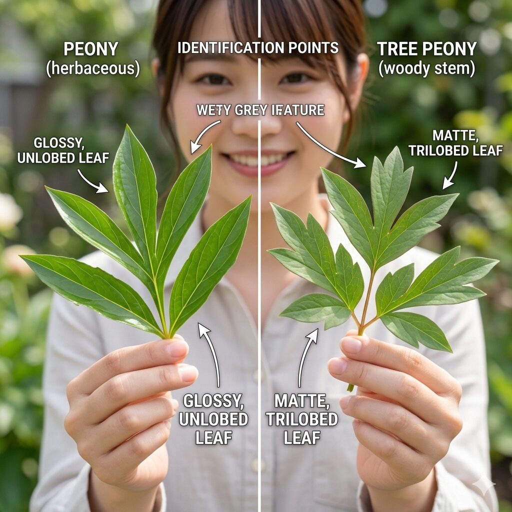 シャクヤクに似た花2　シャクヤクのツヤがある楕円形の葉と、牡丹のマットで切れ込みがある葉の比較。