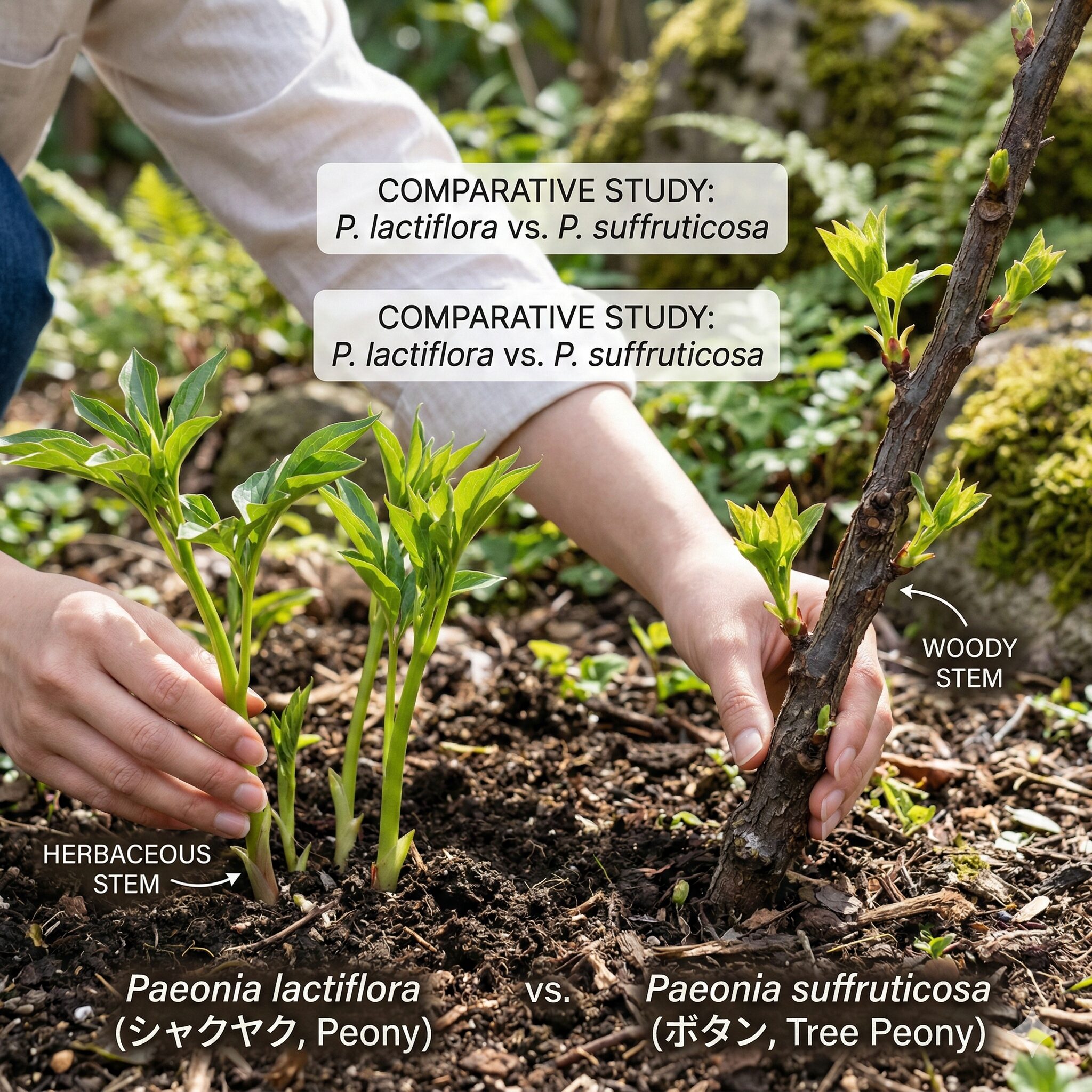 シャクヤクに似た花3　シャクヤクの緑色の草質の茎と、牡丹の茶色い木質の枝の生態的な違い。